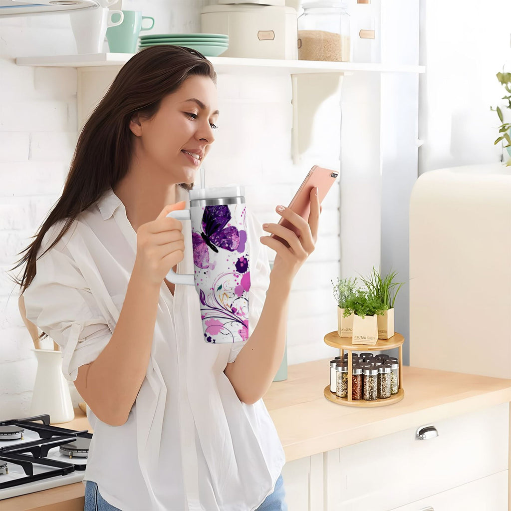 40 oz Insulated Stainless Steel Tumbler Double Wall Stainless Steel Tumbler with 2-Way Drinking Purple Butterfly - 4B3N