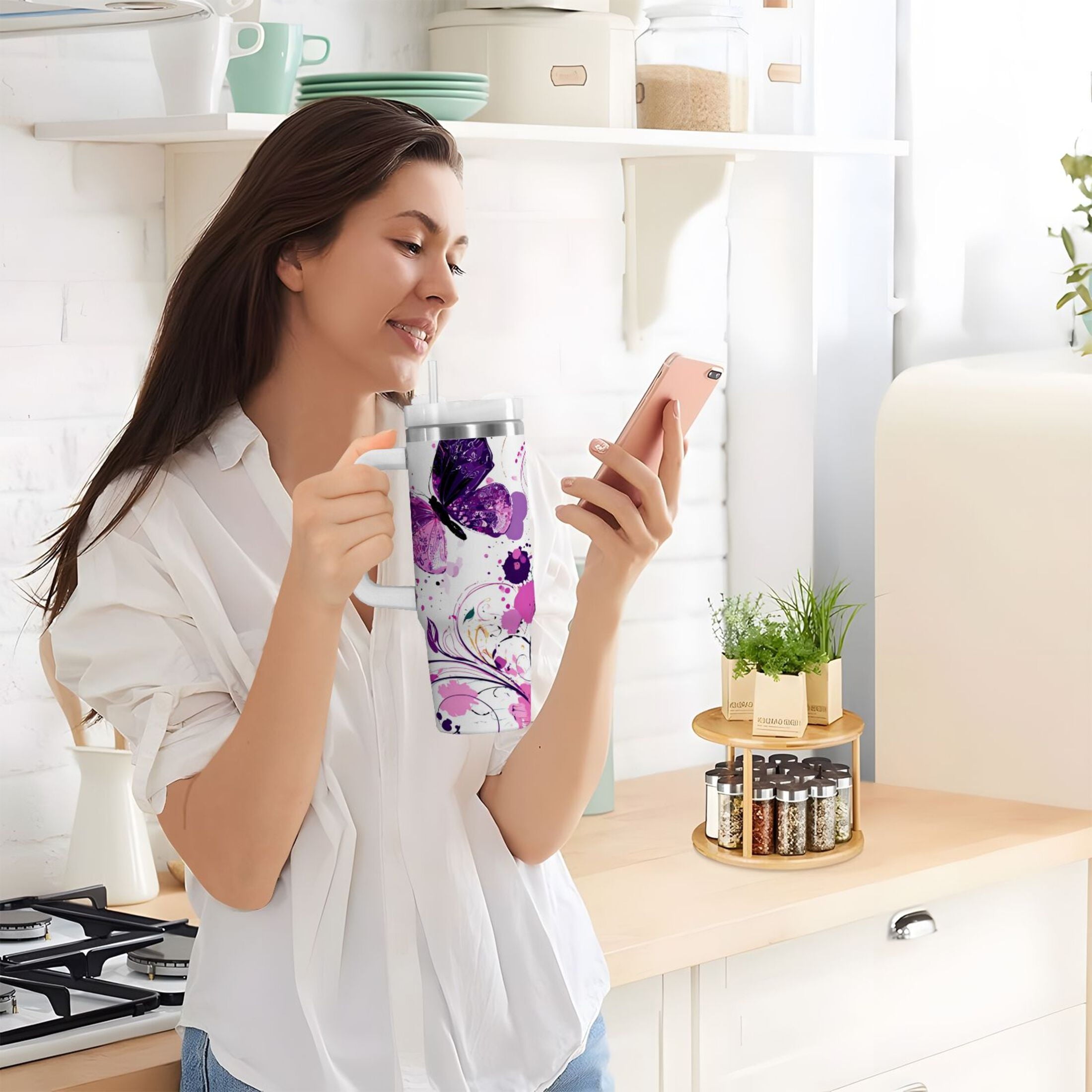 40 oz Insulated Stainless Steel Tumbler Double Wall Stainless Steel Tumbler with 2-Way Drinking Purple Butterfly - 4B3N