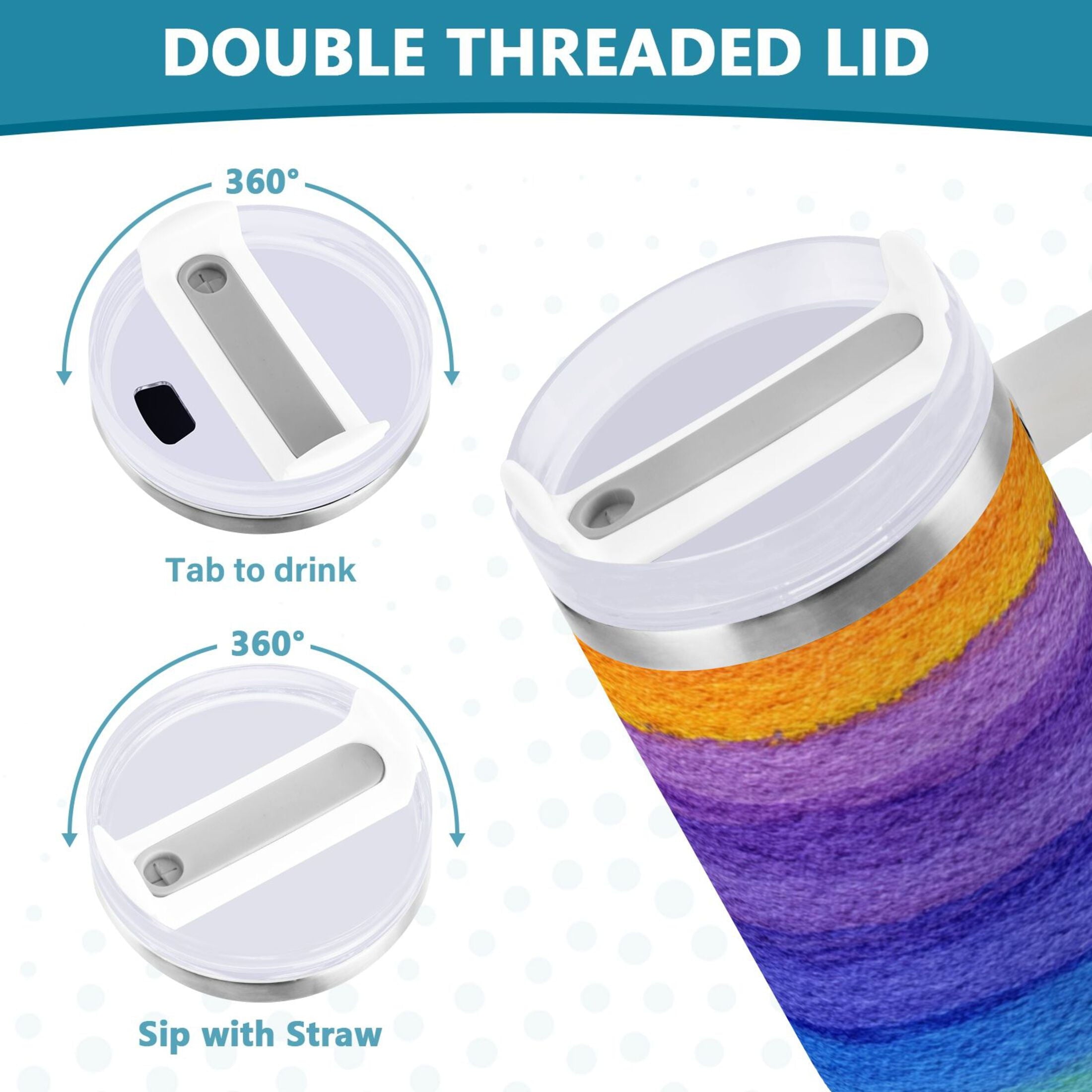30 oz Insulated Stainless Steel Tumbler Double Wall Stainless Steel Tumbler with 2-Way Drinking Watercolor Rainbow Colors - 42E7