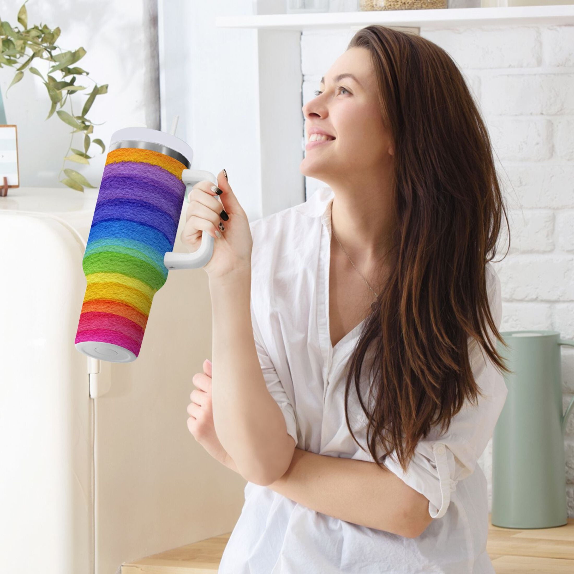 30 oz Insulated Stainless Steel Tumbler Double Wall Stainless Steel Tumbler with 2-Way Drinking Watercolor Rainbow Colors - 42E7