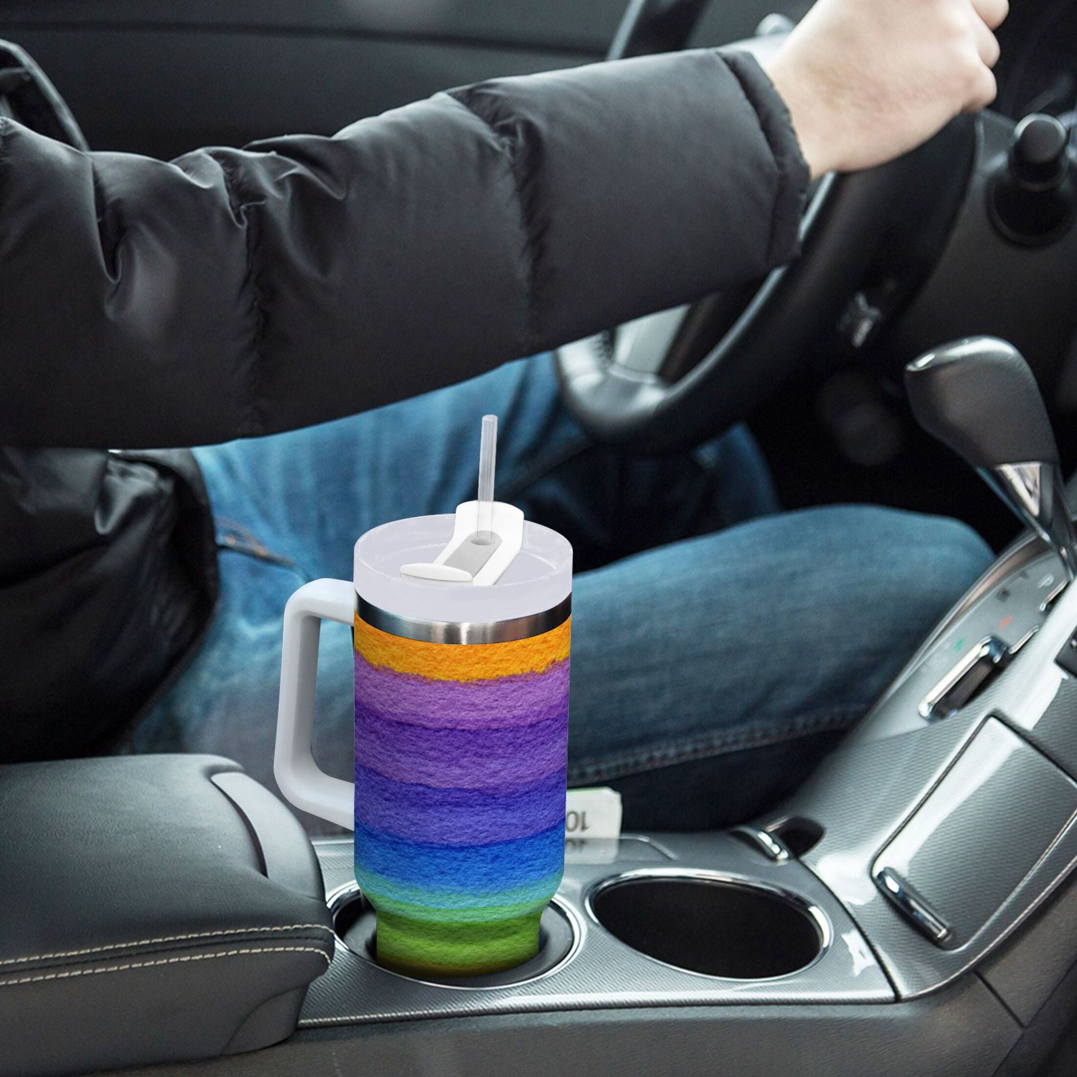 30 oz Insulated Stainless Steel Tumbler Double Wall Stainless Steel Tumbler with 2-Way Drinking Watercolor Rainbow Colors - 42E7