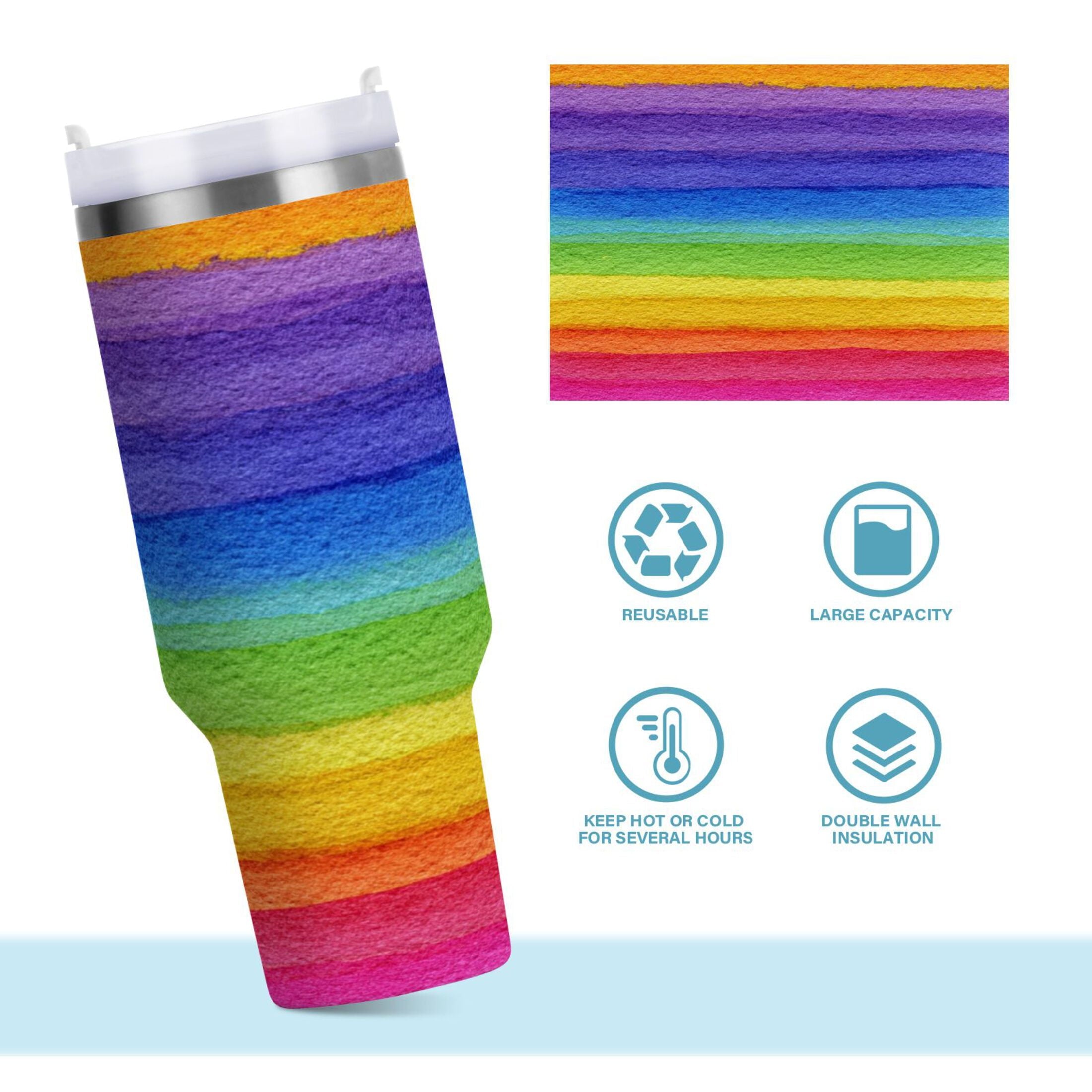 30 oz Insulated Stainless Steel Tumbler Double Wall Stainless Steel Tumbler with 2-Way Drinking Watercolor Rainbow Colors - 42E7