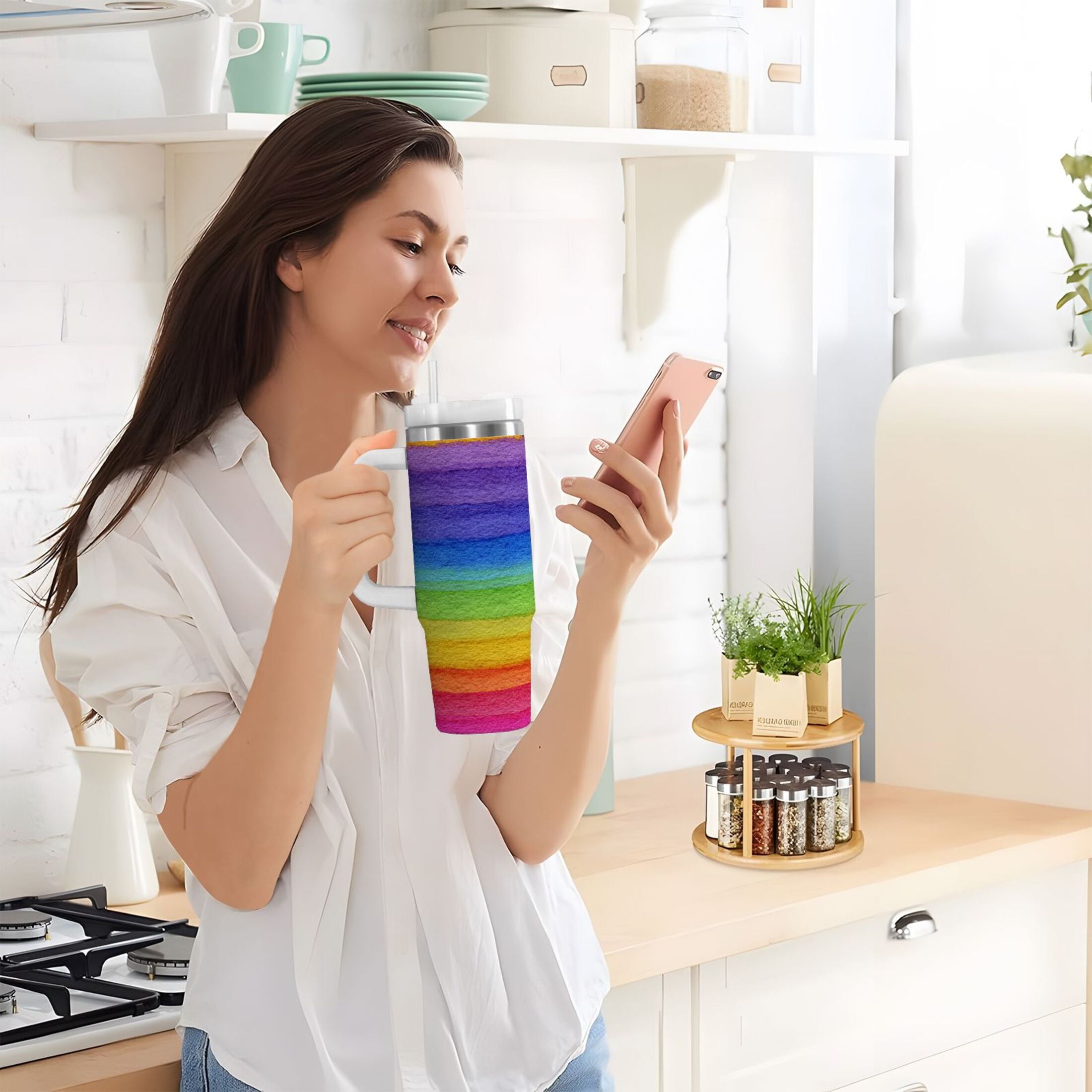 30 oz Insulated Stainless Steel Tumbler Double Wall Stainless Steel Tumbler with 2-Way Drinking Watercolor Rainbow Colors - 42E7