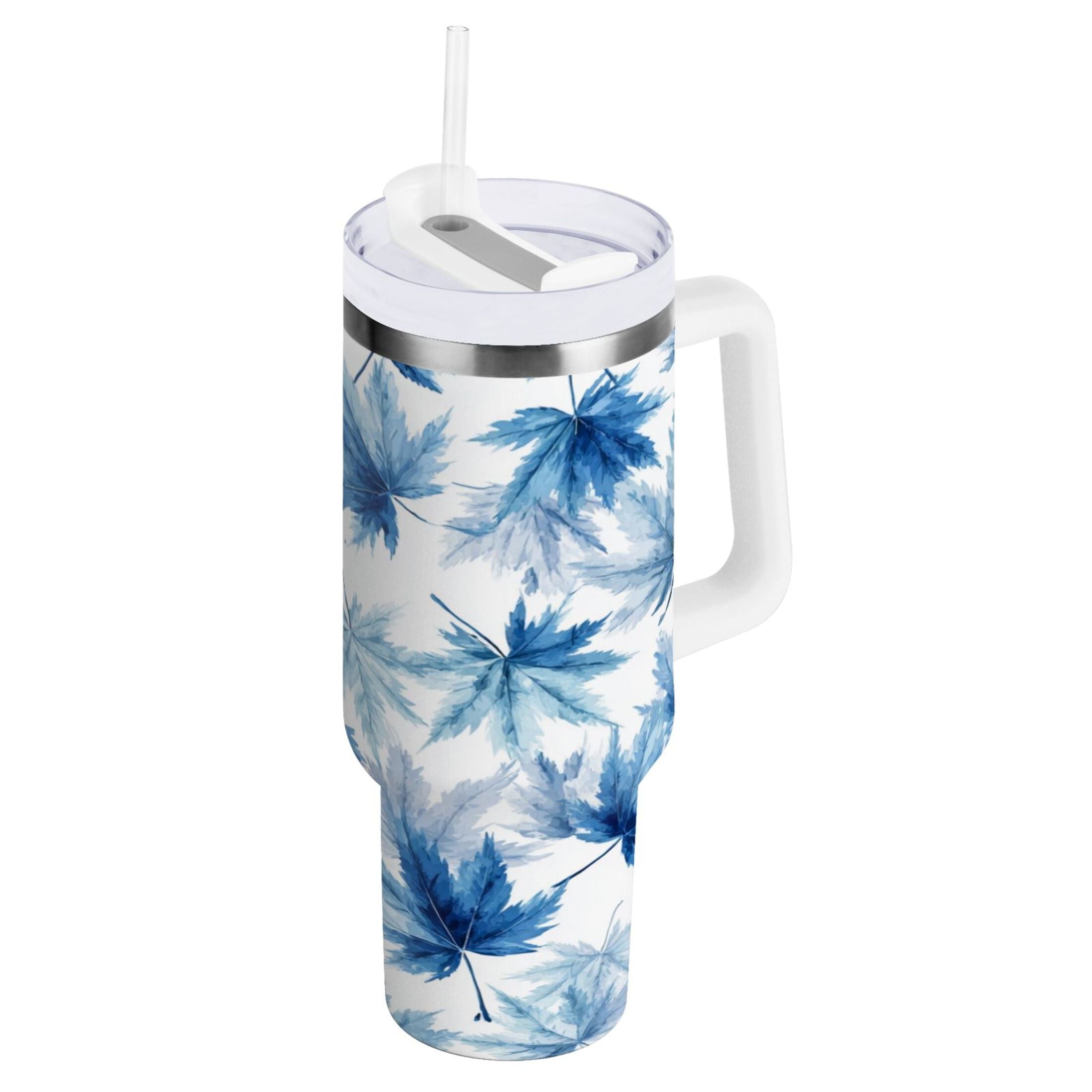 30 oz Insulated Stainless Steel Tumbler Double Wall Stainless Steel Tumbler with 2-Way Drinking Abstract Blue Maple Leaves - FTCE