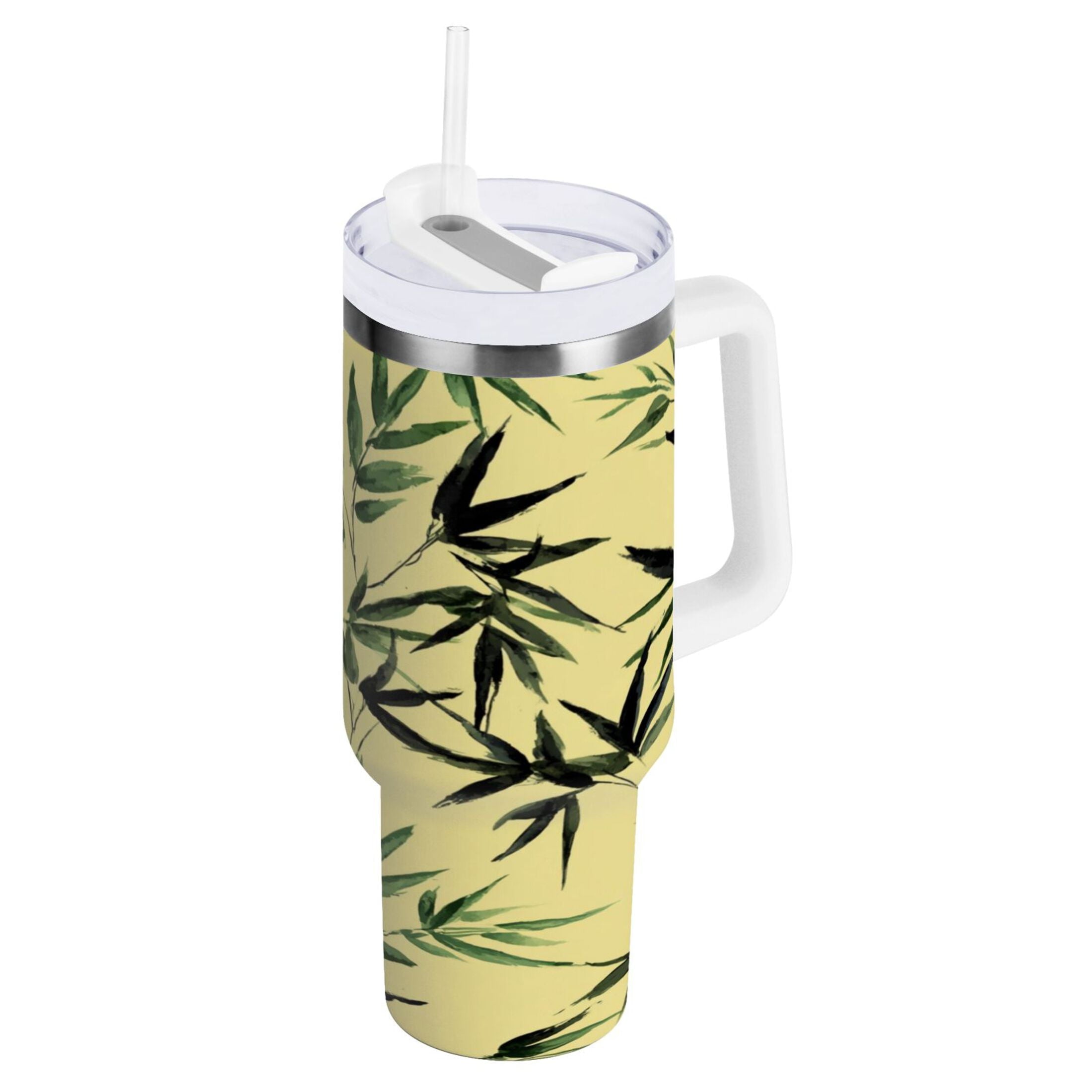 30 oz Insulated Stainless Steel Tumbler Double Wall Stainless Steel Tumbler with 2-Way Drinking Bamboo and Green Leaves - 9ZP9