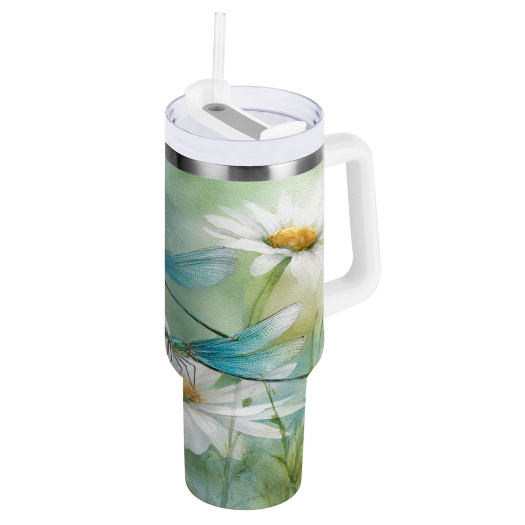 30 oz Insulated Stainless Steel Tumbler Double Wall Stainless Steel Tumbler with 2-Way Drinking Beautiful Dragonflies and Daisies - H496