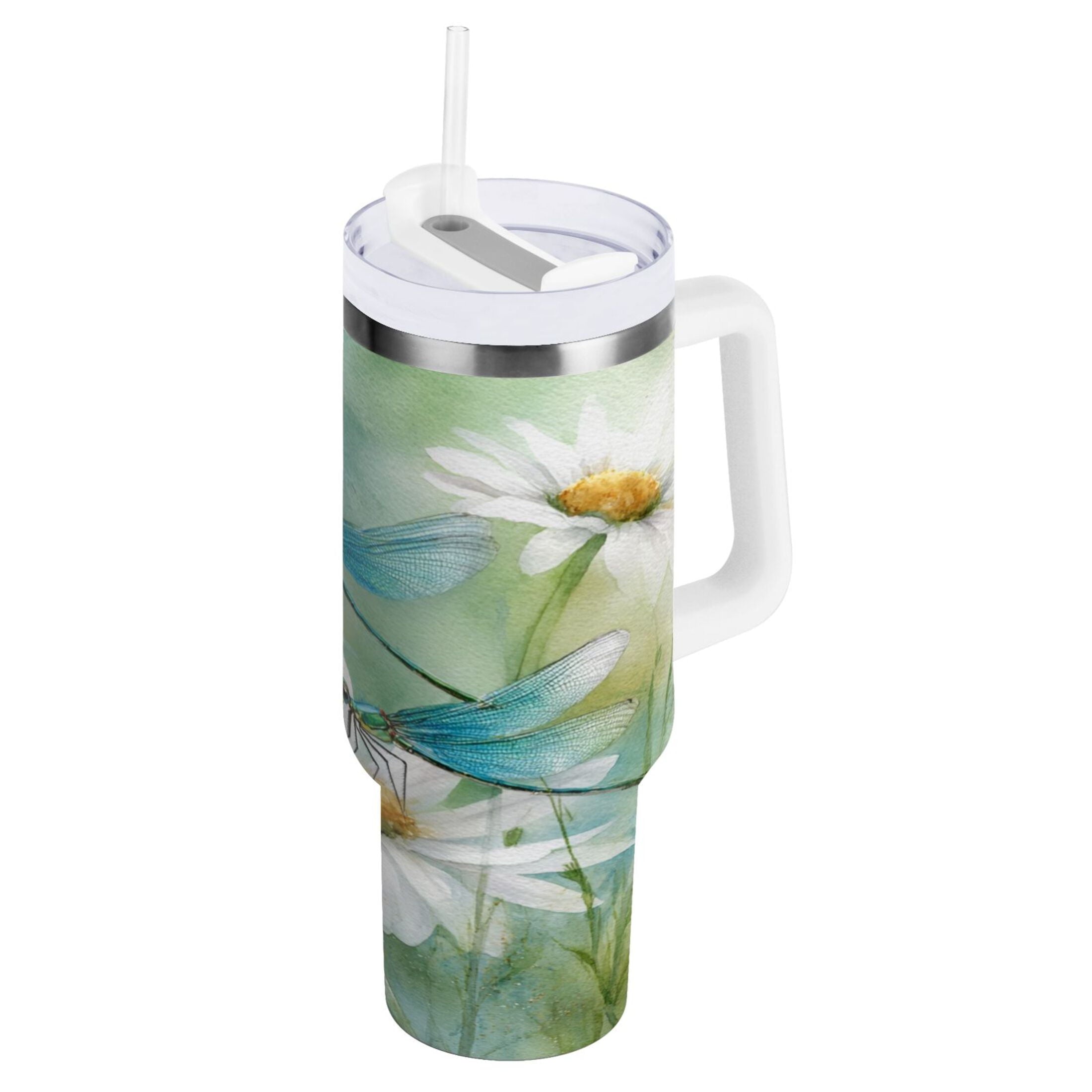 30 oz Insulated Stainless Steel Tumbler Double Wall Stainless Steel Tumbler with 2-Way Drinking Beautiful Dragonflies and Daisies - H496