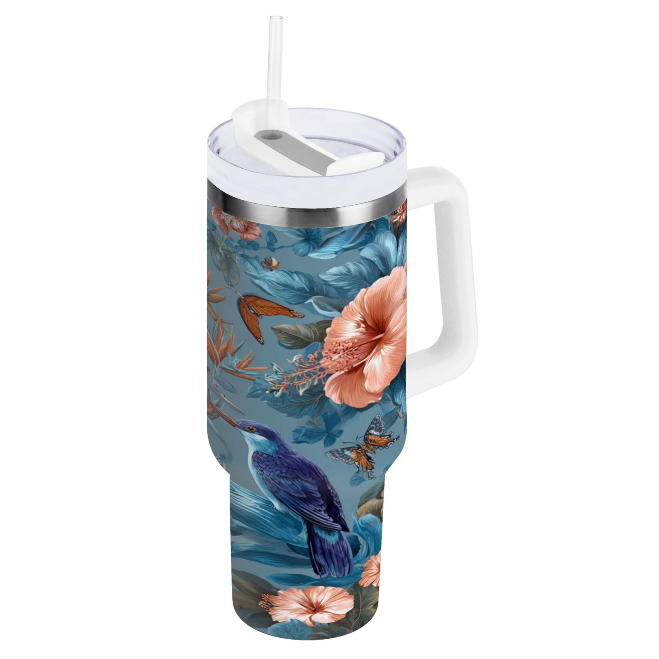 30 oz Insulated Stainless Steel Tumbler Double Wall Stainless Steel Tumbler with 2-Way Drinking Birds and Flowers - PWSL