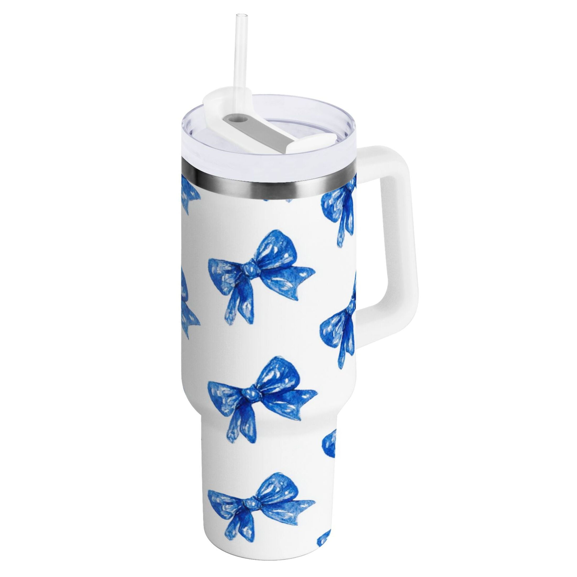 30 oz Insulated Stainless Steel Tumbler Double Wall Stainless Steel Tumbler with 2-Way Drinking Blue Bows Pattern - AZAX
