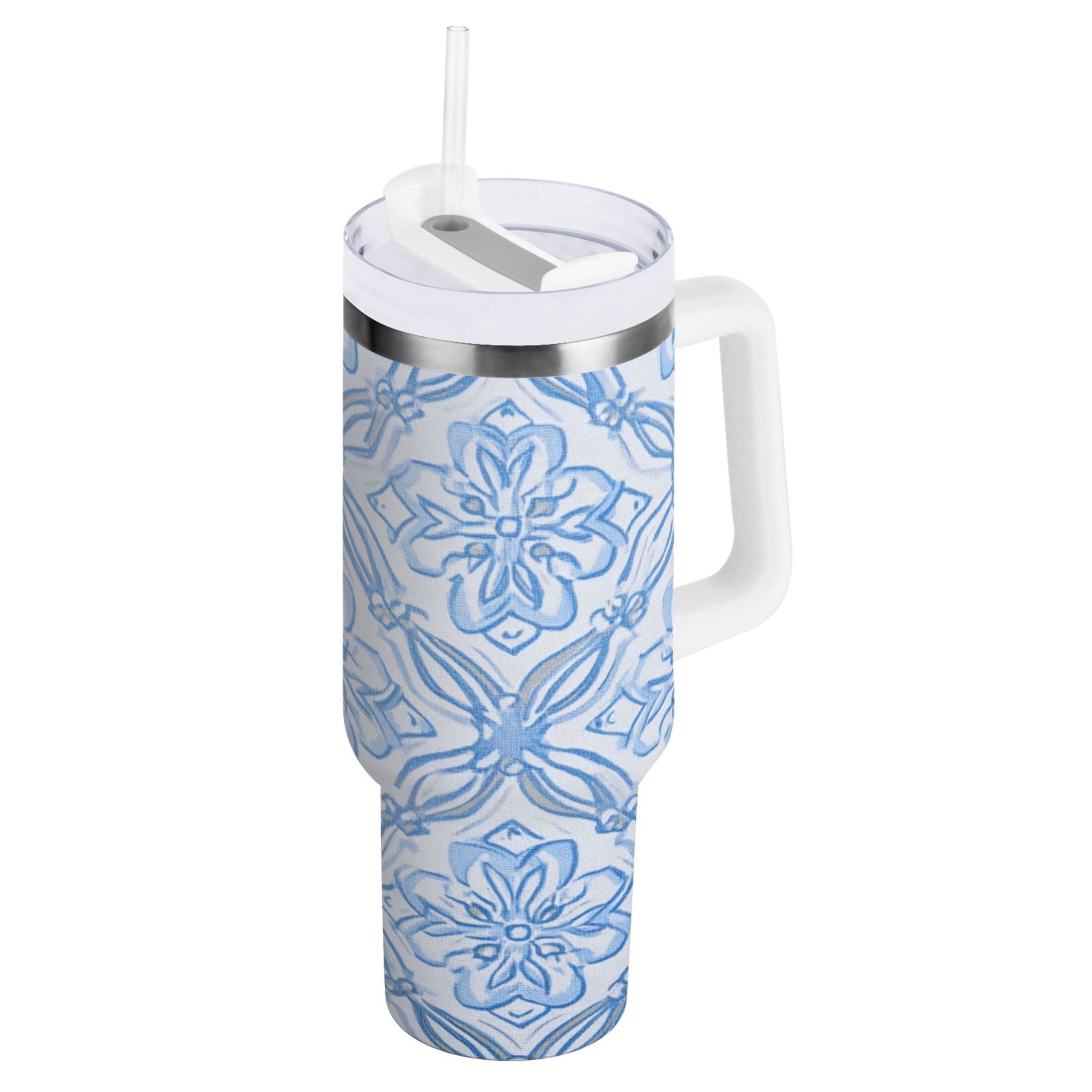 30 oz Insulated Stainless Steel Tumbler Double Wall Stainless Steel Tumbler with 2-Way Drinking Blue Elegant Geometric Design - VATX