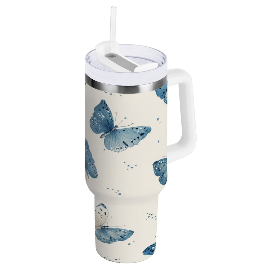 30 oz Insulated Stainless Steel Tumbler Double Wall Stainless Steel Tumbler with 2-Way Drinking Blue Watercolor Butterflies - 295Q