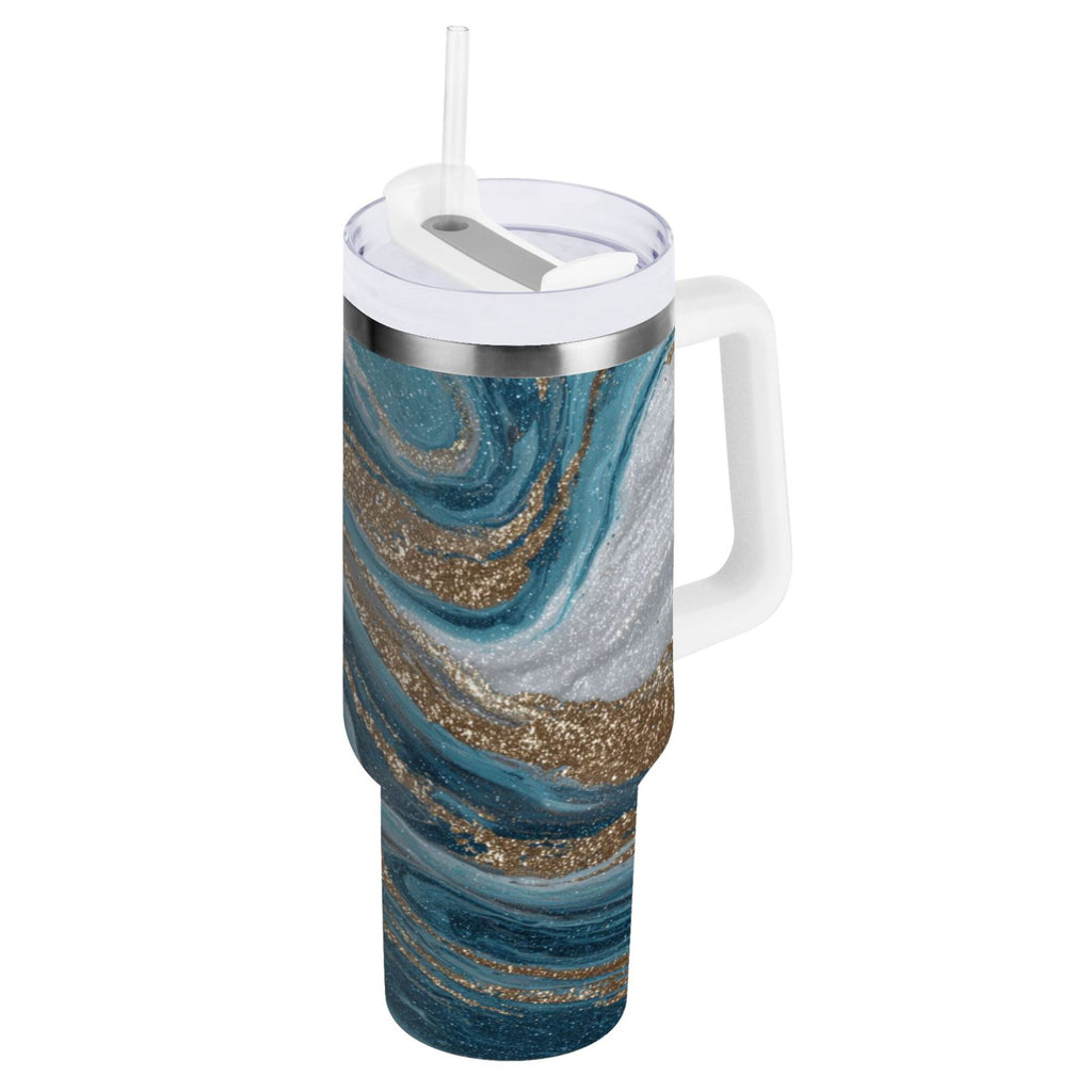 30 oz Insulated Stainless Steel Tumbler Double Wall Stainless Steel Tumbler with 2-Way Drinking Blue and Gold Swirling - 97J3