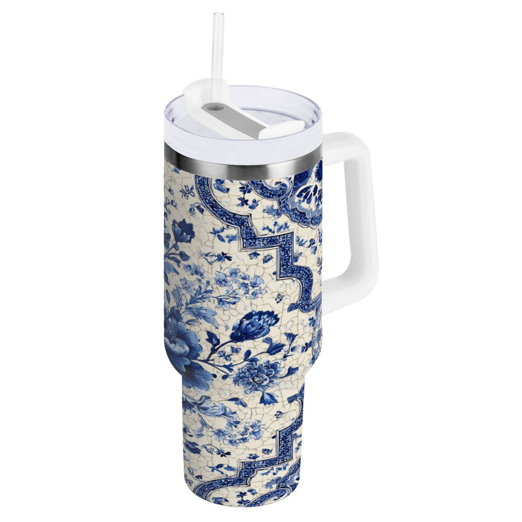 30 oz Insulated Stainless Steel Tumbler Double Wall Stainless Steel Tumbler with 2-Way Drinking Blue and White Porcelain-style - L2FM