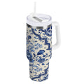 30 oz Insulated Stainless Steel Tumbler Double Wall Stainless Steel Tumbler with 2-Way Drinking Blue and White Porcelain-style - L2FM