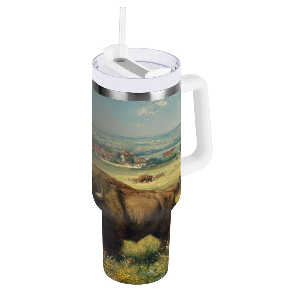 30 oz Insulated Stainless Steel Tumbler Double Wall Stainless Steel Tumbler with 2-Way Drinking Buffalo Herd Oil Painting - 6HHS