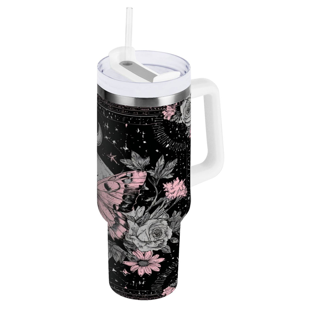 30 oz Insulated Stainless Steel Tumbler Double Wall Stainless Steel Tumbler with 2-Way Drinking Butterfly by Moon and Flowers - 2MDV