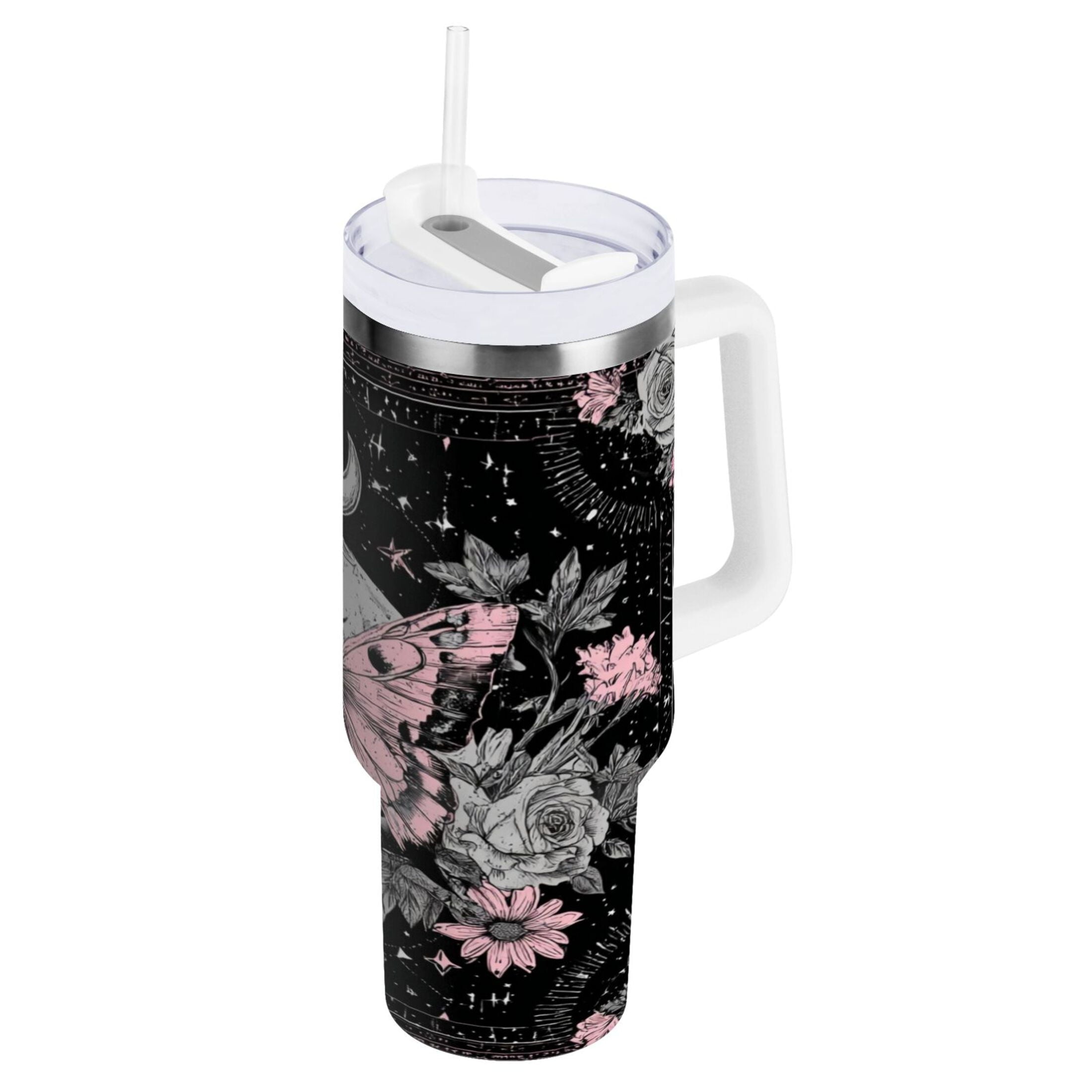 30 oz Insulated Stainless Steel Tumbler Double Wall Stainless Steel Tumbler with 2-Way Drinking Butterfly by Moon and Flowers - 2MDV