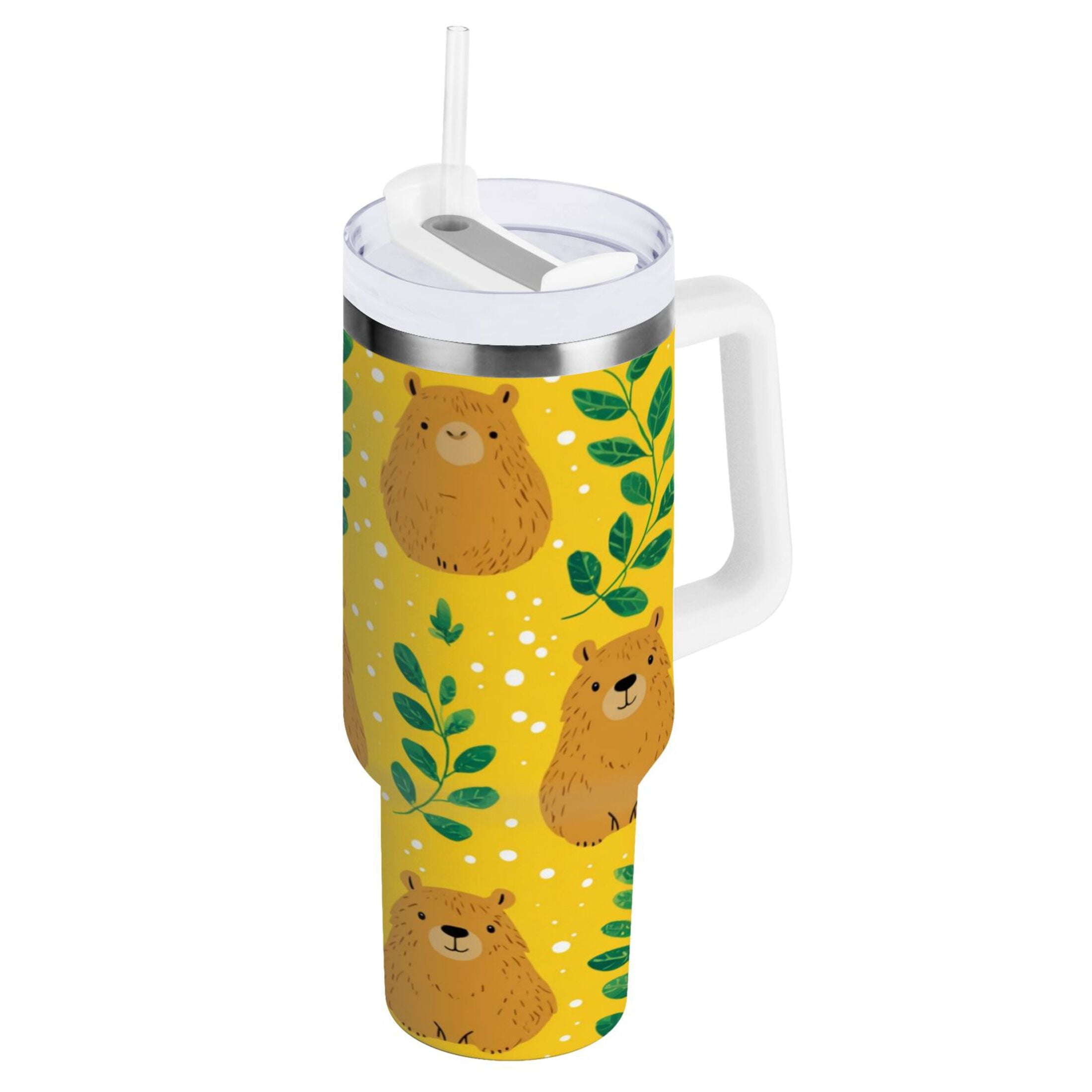 30 oz Insulated Stainless Steel Tumbler Double Wall Stainless Steel Tumbler with 2-Way Drinking Capybara and Green Leaves - P9E7