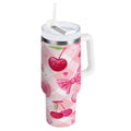30 oz Insulated Stainless Steel Tumbler Double Wall Stainless Steel Tumbler with 2-Way Drinking Cherry and Pink Bow Pattern - MRZL