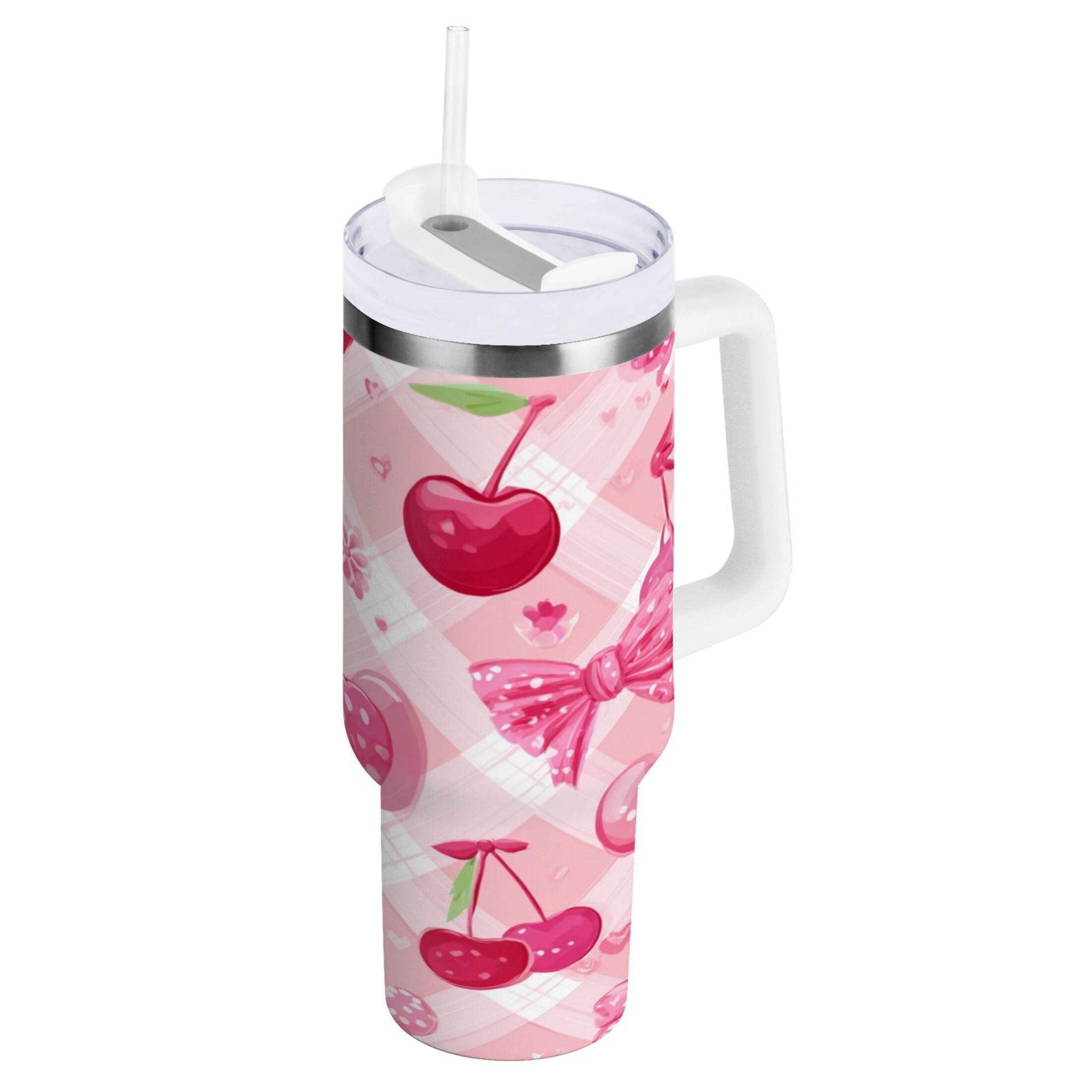 30 oz Insulated Stainless Steel Tumbler Double Wall Stainless Steel Tumbler with 2-Way Drinking Cherry and Pink Bow Pattern - MRZL