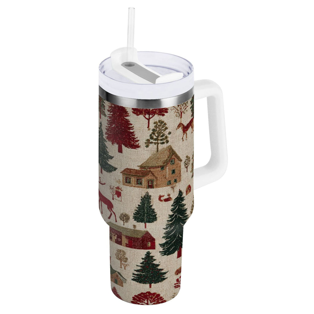 30 oz Insulated Stainless Steel Tumbler Double Wall Stainless Steel Tumbler with 2-Way Drinking Christmas Trees Deer and Houses - 84CJ