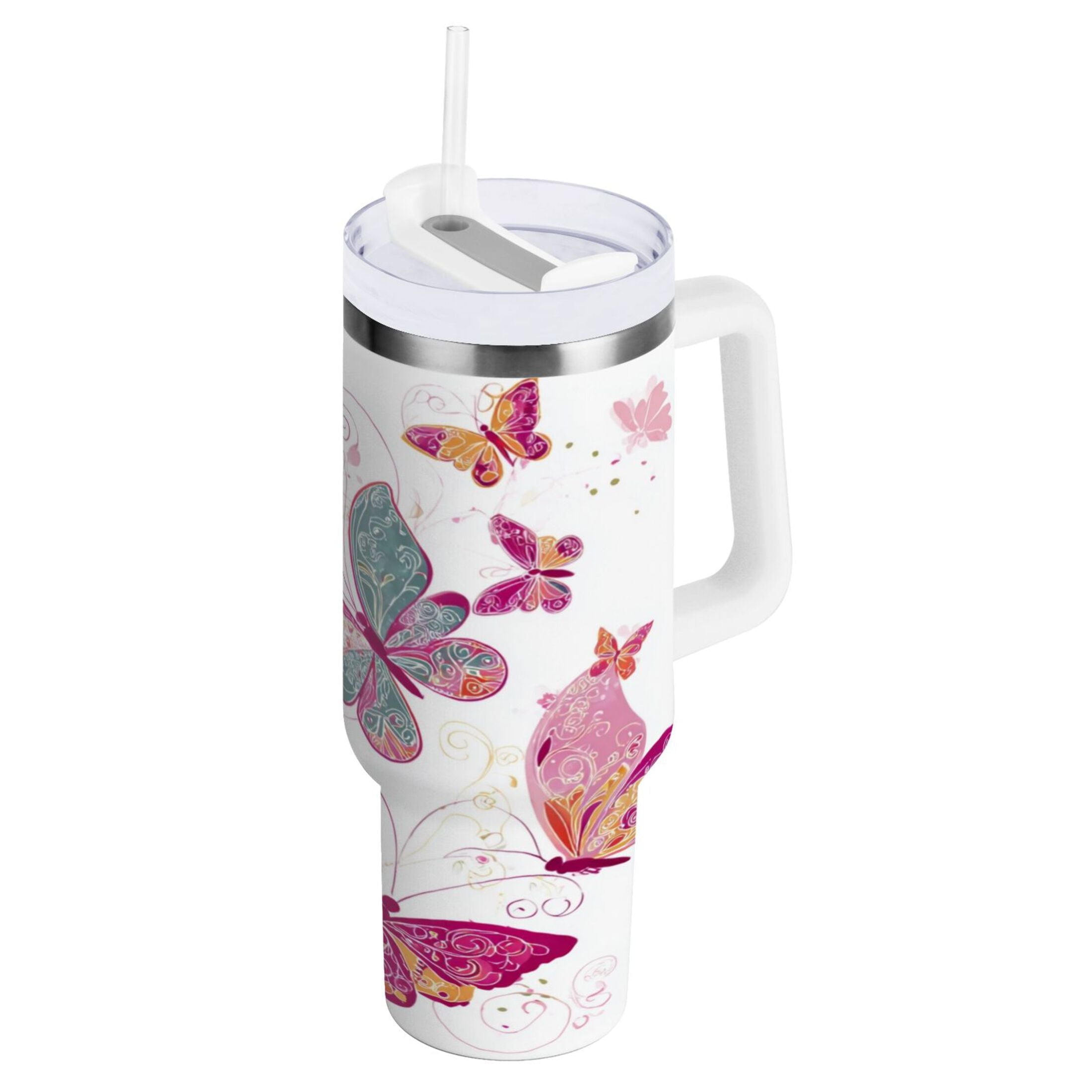 30 oz Insulated Stainless Steel Tumbler Double Wall Stainless Steel Tumbler with 2-Way Drinking Colorful Butterflies - E5BF