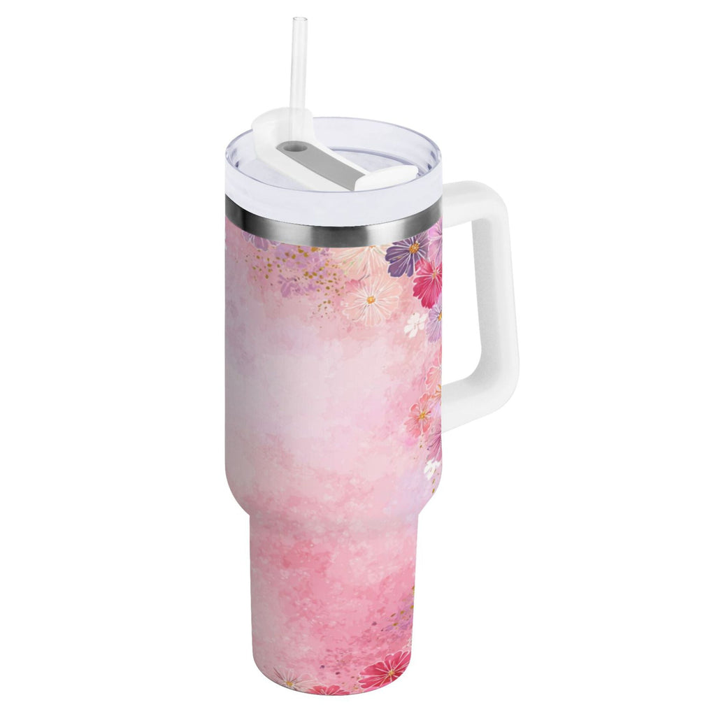 30 oz Insulated Stainless Steel Tumbler Double Wall Stainless Steel Tumbler with 2-Way Drinking Colorful Pastel Floral Pattern - P9LX