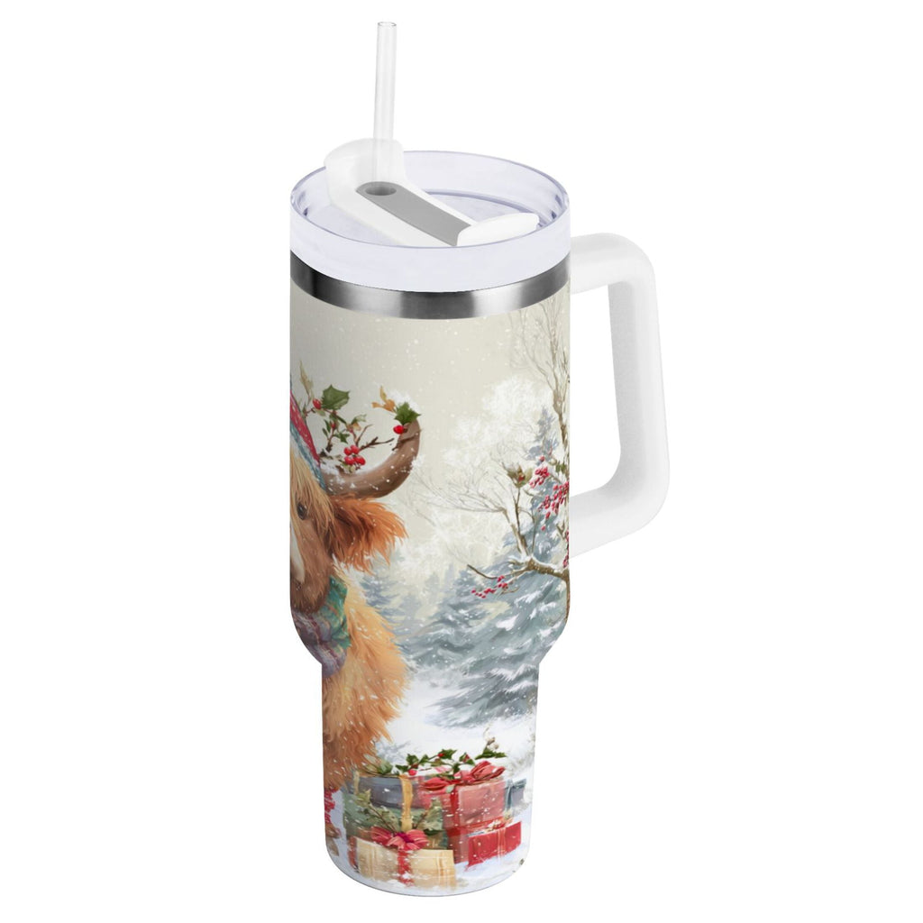 30 oz Insulated Stainless Steel Tumbler Double Wall Stainless Steel Tumbler with 2-Way Drinking Cow Wearing Christmas Hat - BCCC