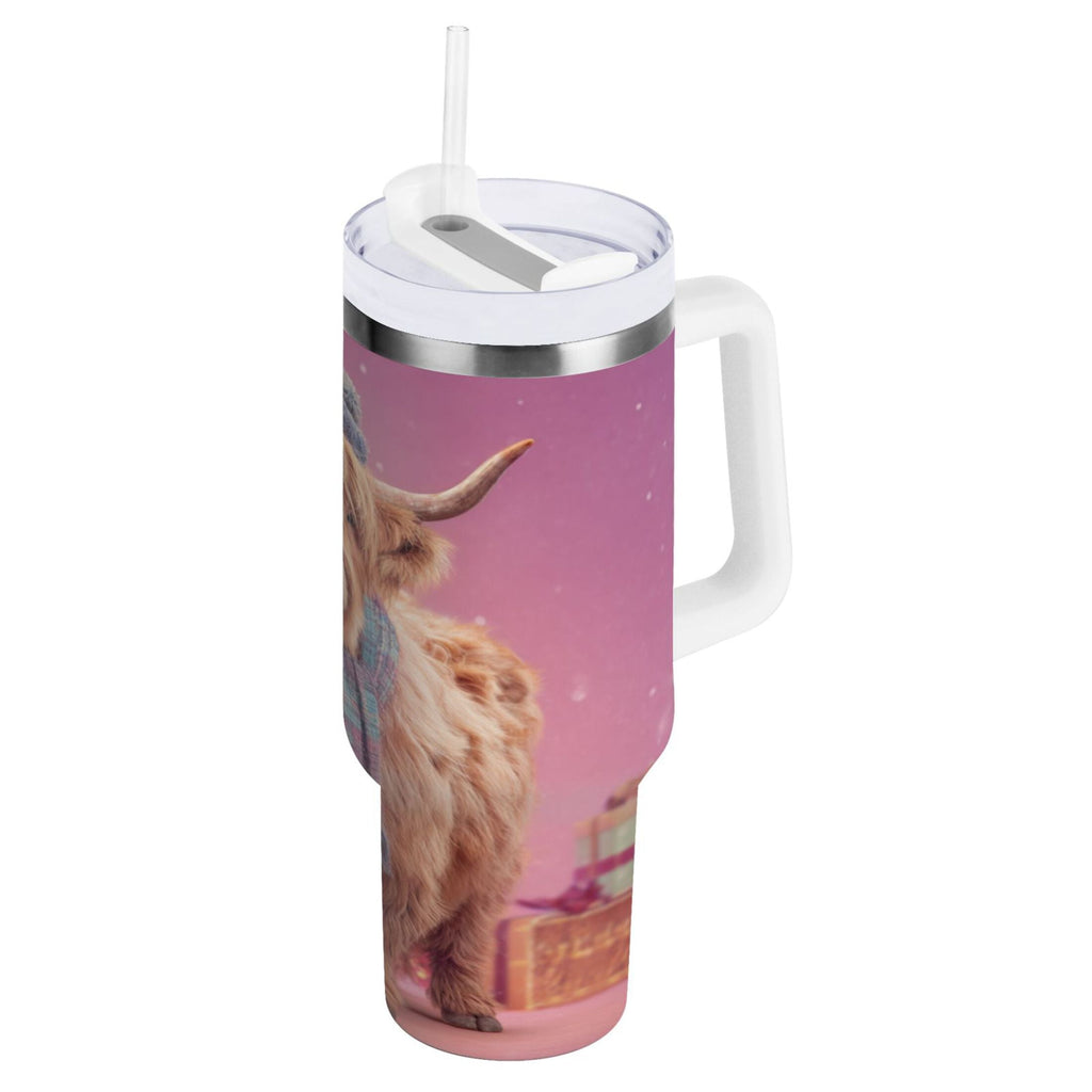 30 oz Insulated Stainless Steel Tumbler Double Wall Stainless Steel Tumbler with 2-Way Drinking Cow Wearing Christmas - 6PSV