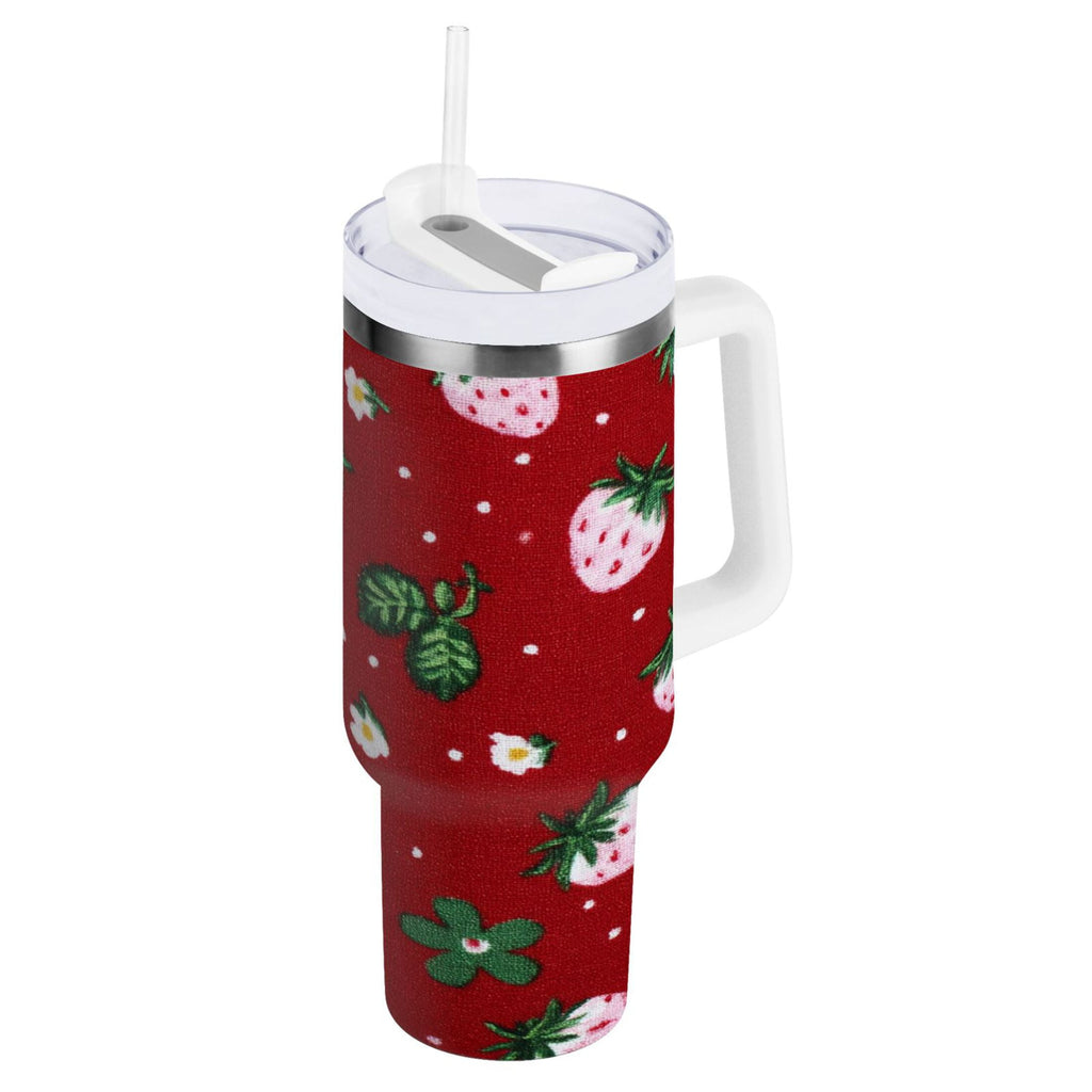 30 oz Insulated Stainless Steel Tumbler Double Wall Stainless Steel Tumbler with 2-Way Drinking Cute Pink Strawberry Pattern - L6WF