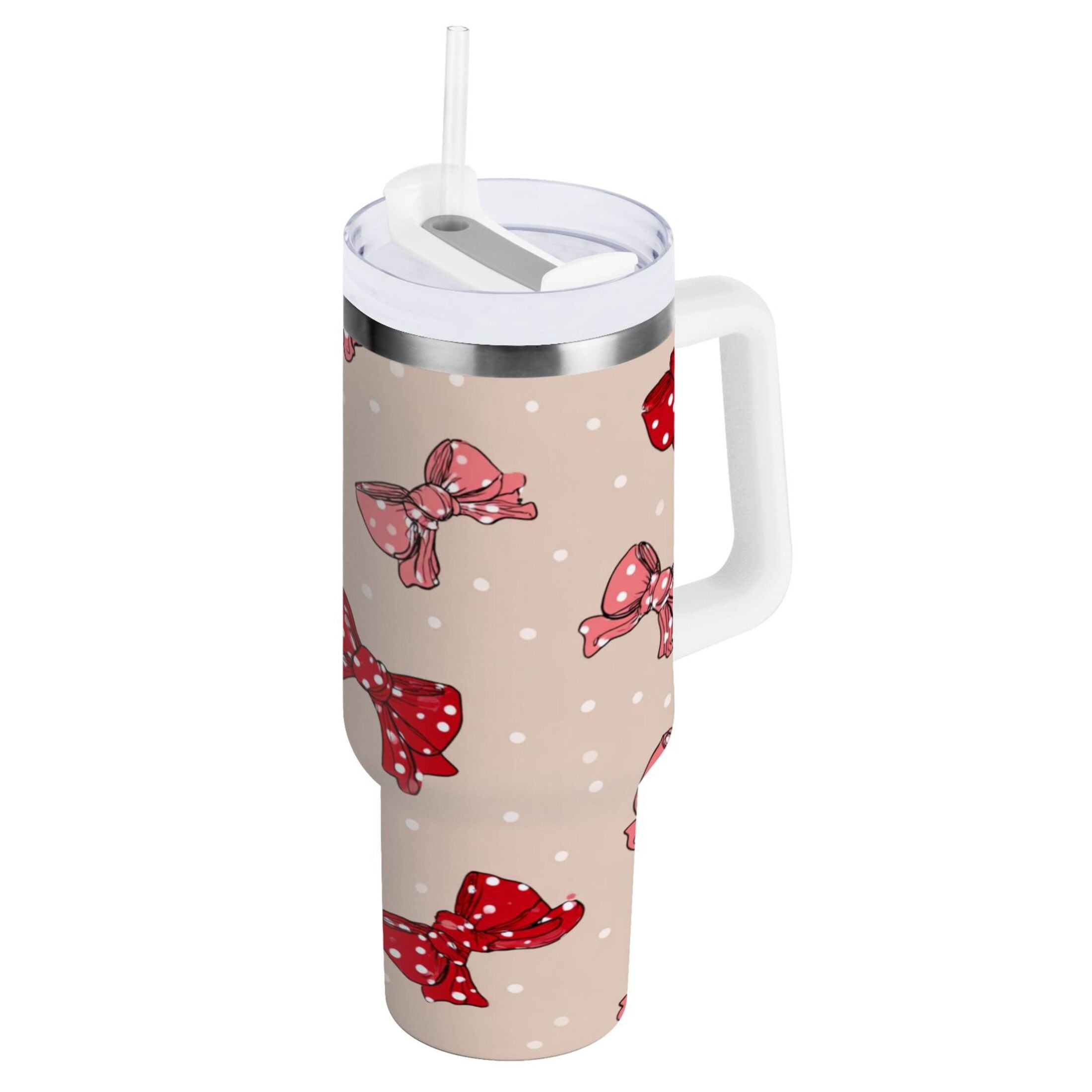 30 oz Insulated Stainless Steel Tumbler Double Wall Stainless Steel Tumbler with 2-Way Drinking Cute Red Bows Pattern - ENJH