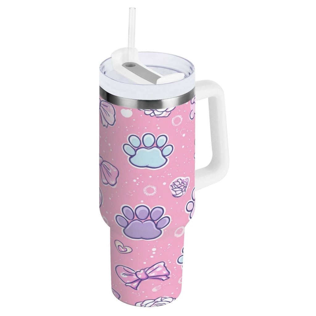 30 oz Insulated Stainless Steel Tumbler Double Wall Stainless Steel Tumbler with 2-Way Drinking Dog Paw Prints and Bows - HATL