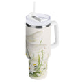 30 oz Insulated Stainless Steel Tumbler Double Wall Stainless Steel Tumbler with 2-Way Drinking Dragonflies with White Daisies - K9Q7
