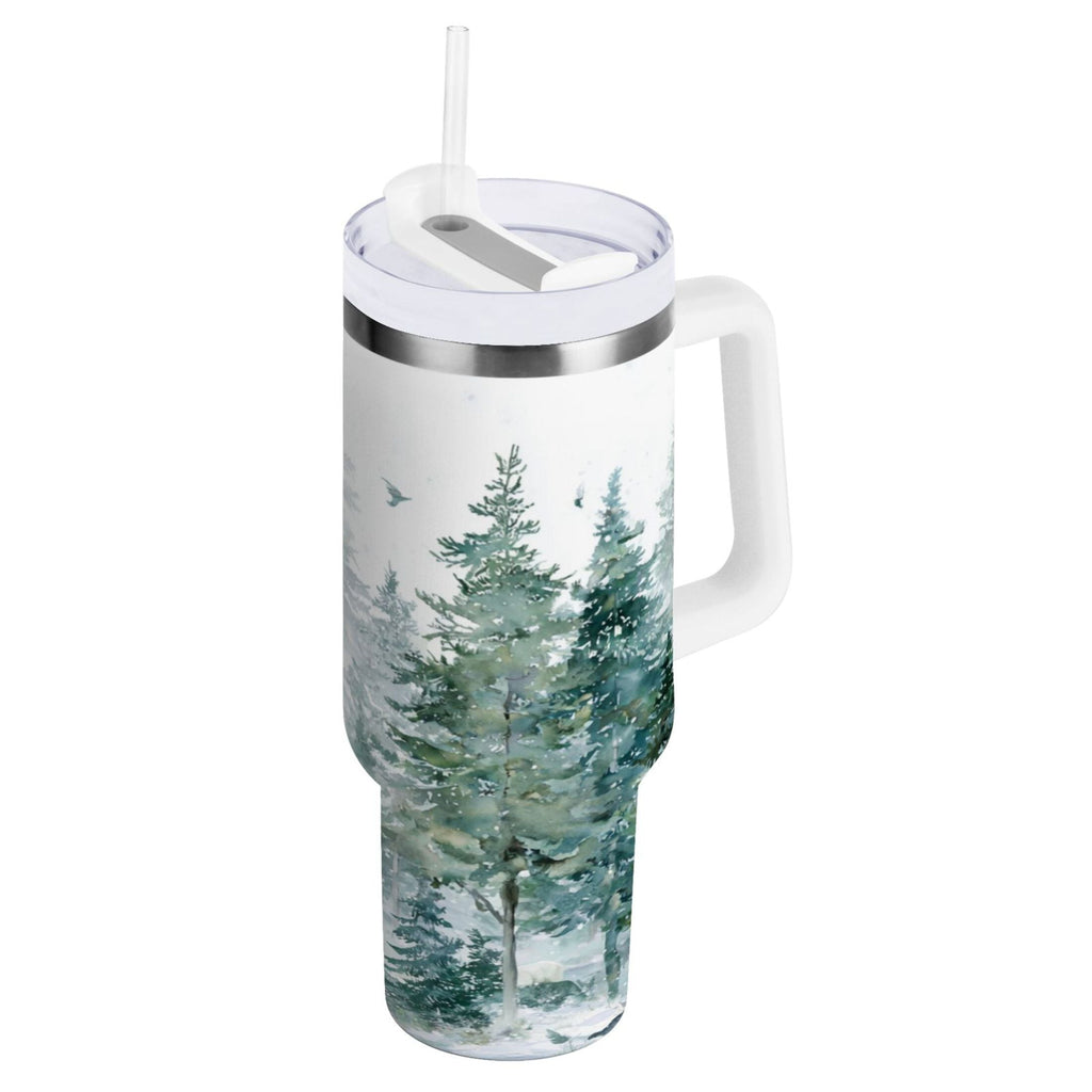 30 oz Insulated Stainless Steel Tumbler Double Wall Stainless Steel Tumbler with 2-Way Drinking Green Snowy Forest Scene - TVSW