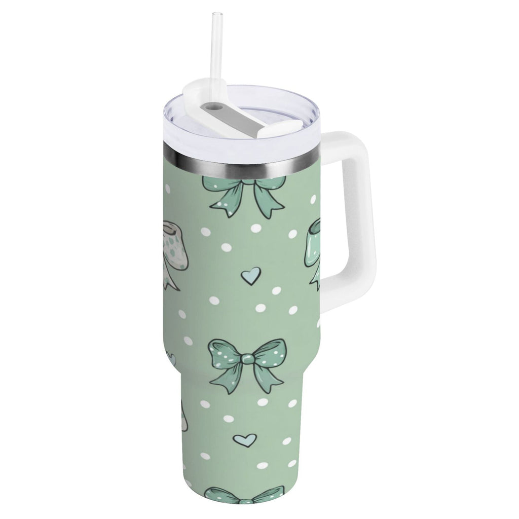30 oz Insulated Stainless Steel Tumbler Double Wall Stainless Steel Tumbler with 2-Way Drinking Green and Mint Bows - 8TP6