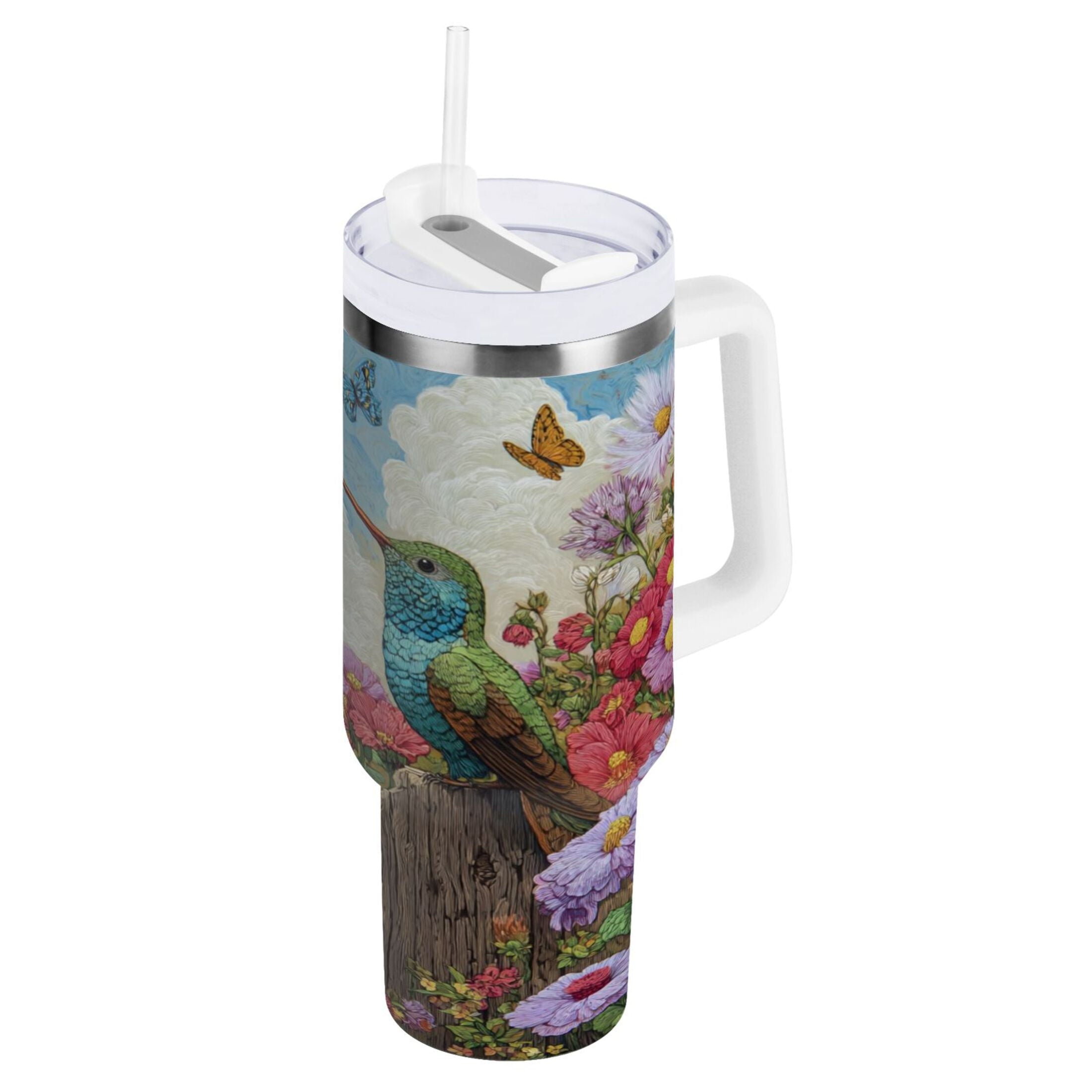 30 oz Insulated Stainless Steel Tumbler Double Wall Stainless Steel Tumbler with 2-Way Drinking Hummingbirds and Flowers - P5NS