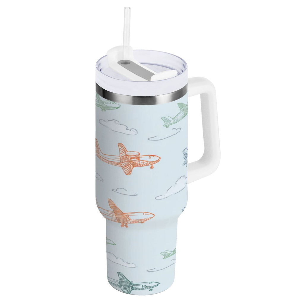 30 oz Insulated Stainless Steel Tumbler Double Wall Stainless Steel Tumbler with 2-Way Drinking Pastel Doodle Airplanes - 2D6W