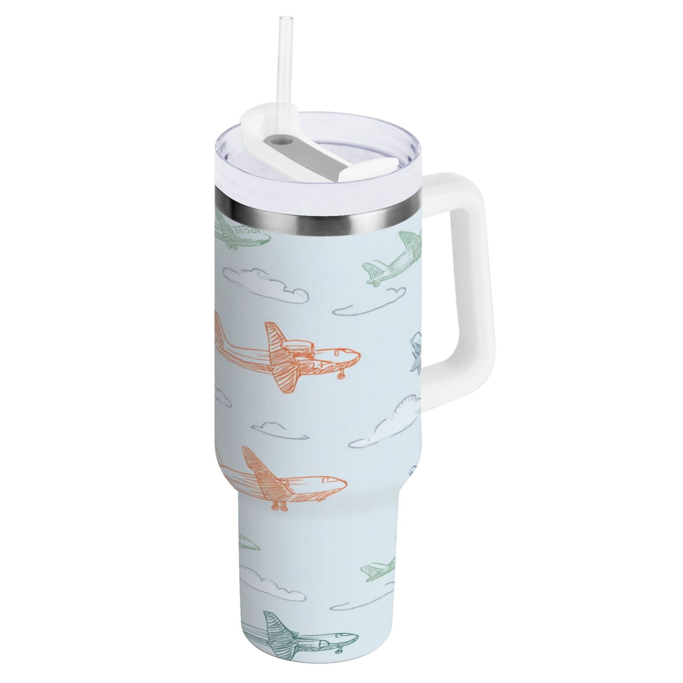 30 oz Insulated Stainless Steel Tumbler Double Wall Stainless Steel Tumbler with 2-Way Drinking Pastel Doodle Airplanes - 2D6W