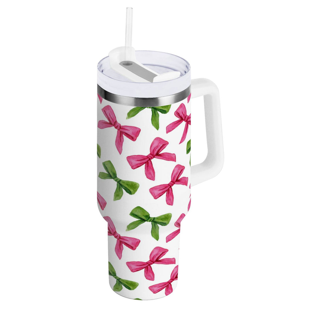 30 oz Insulated Stainless Steel Tumbler Double Wall Stainless Steel Tumbler with 2-Way Drinking Pink Bows and Green Ribbons - SUSJ