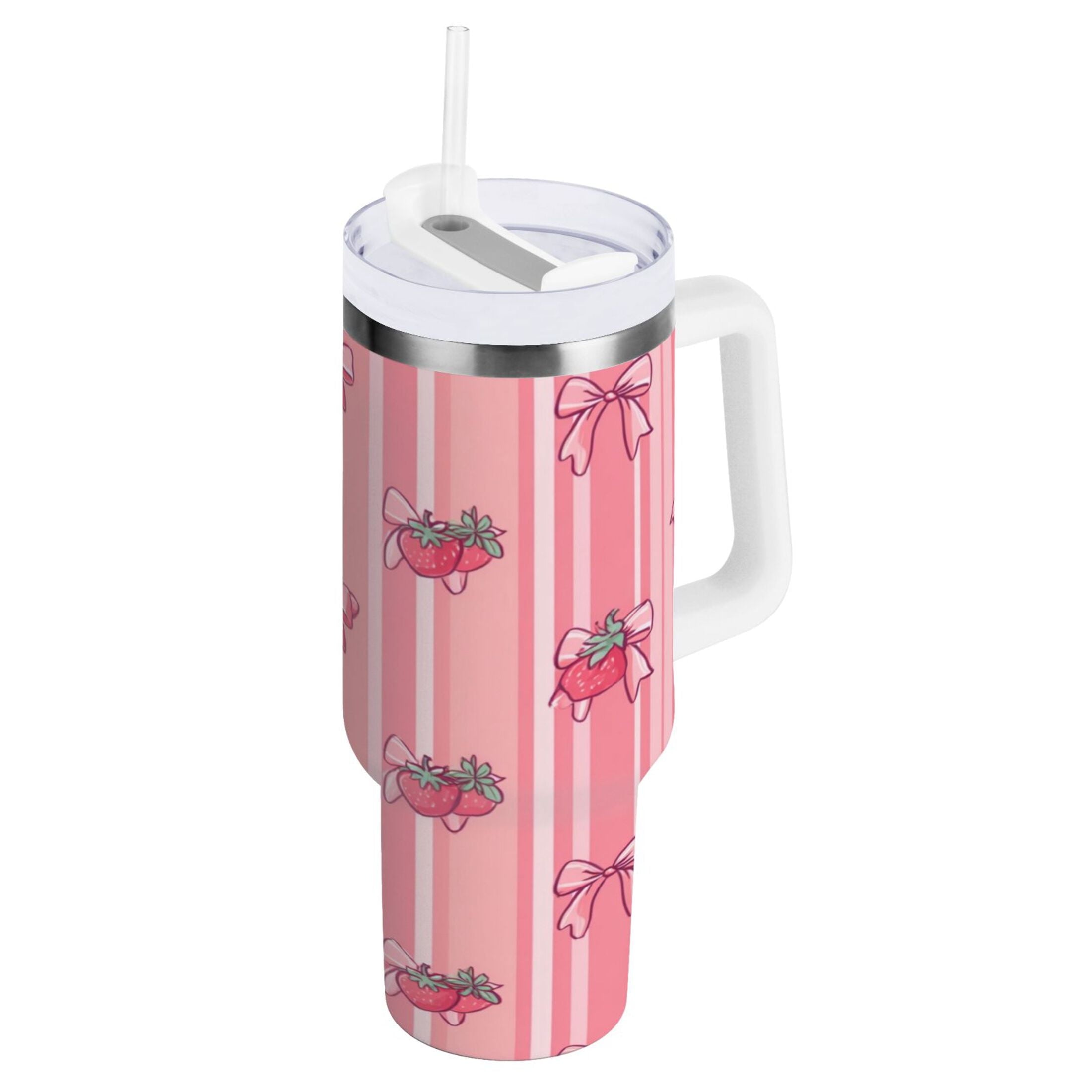 30 oz Insulated Stainless Steel Tumbler Double Wall Stainless Steel Tumbler with 2-Way Drinking Pink Bows and Strawberries - KG8N