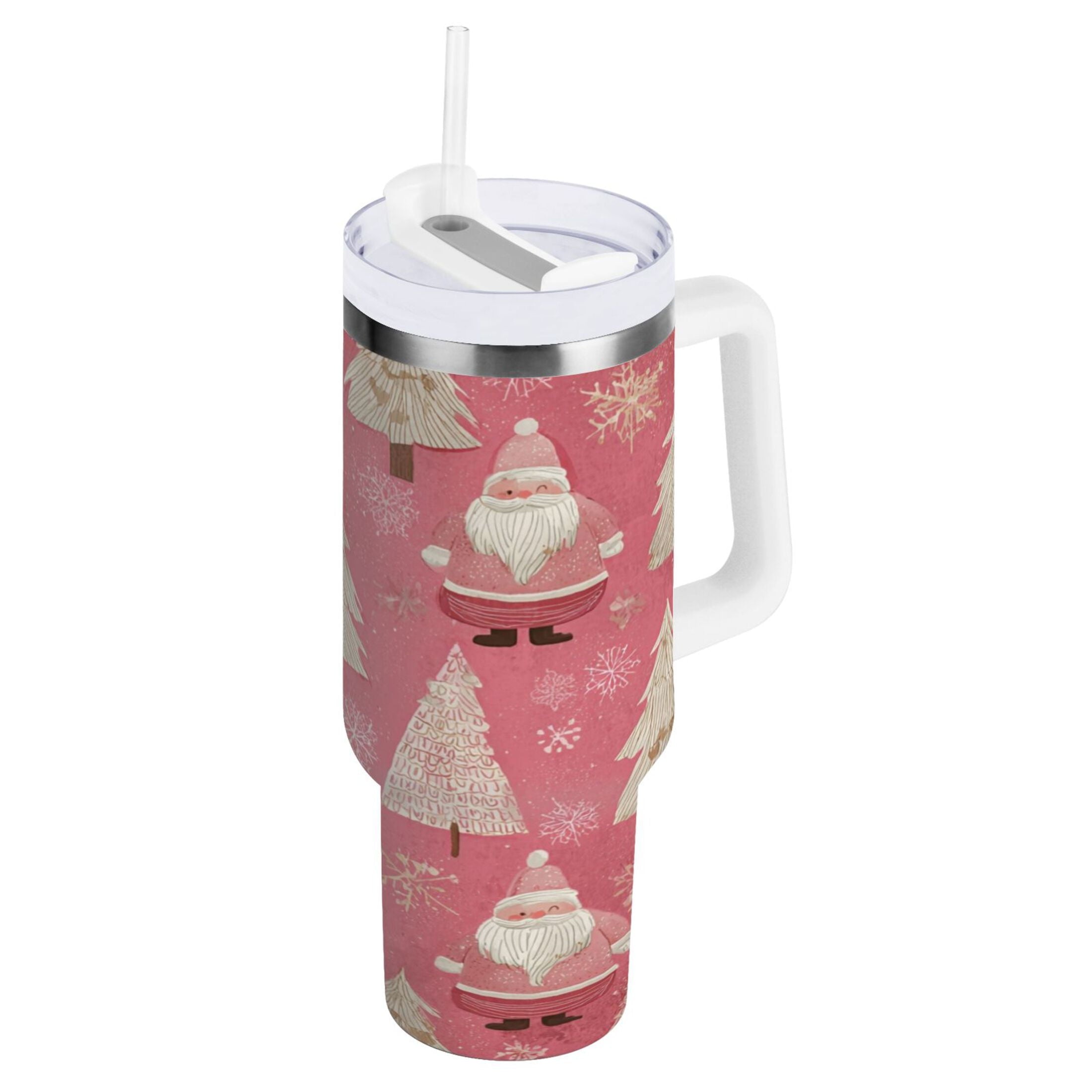 40 oz Insulated Stainless Steel Tumbler Double Wall Stainless Steel Tumbler with 2-Way Drinking Pink Santa Claus Pattern - XK26