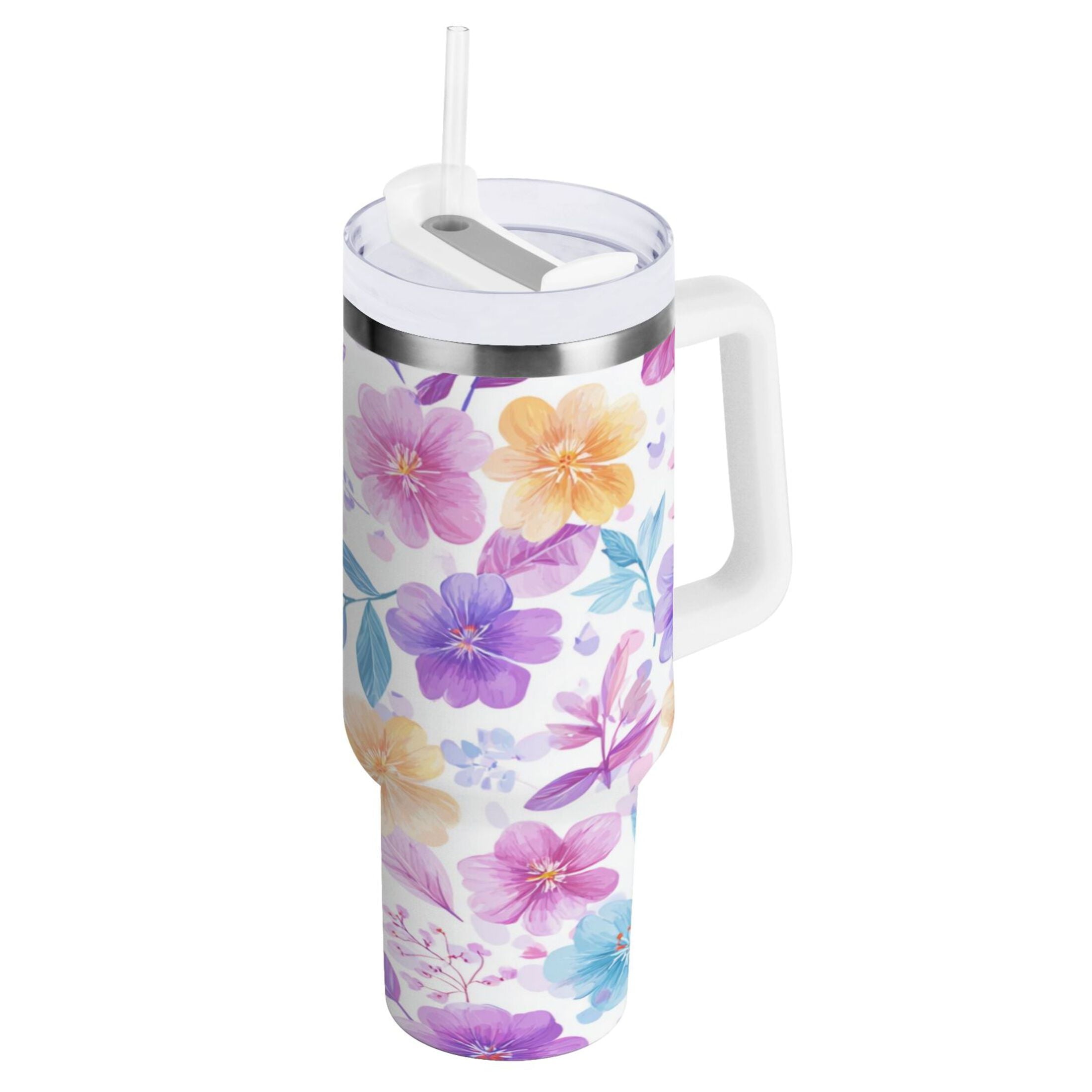 30 oz Insulated Stainless Steel Tumbler Double Wall Stainless Steel Tumbler with 2-Way Drinking Pink and Purple Flowers - 4Q3M