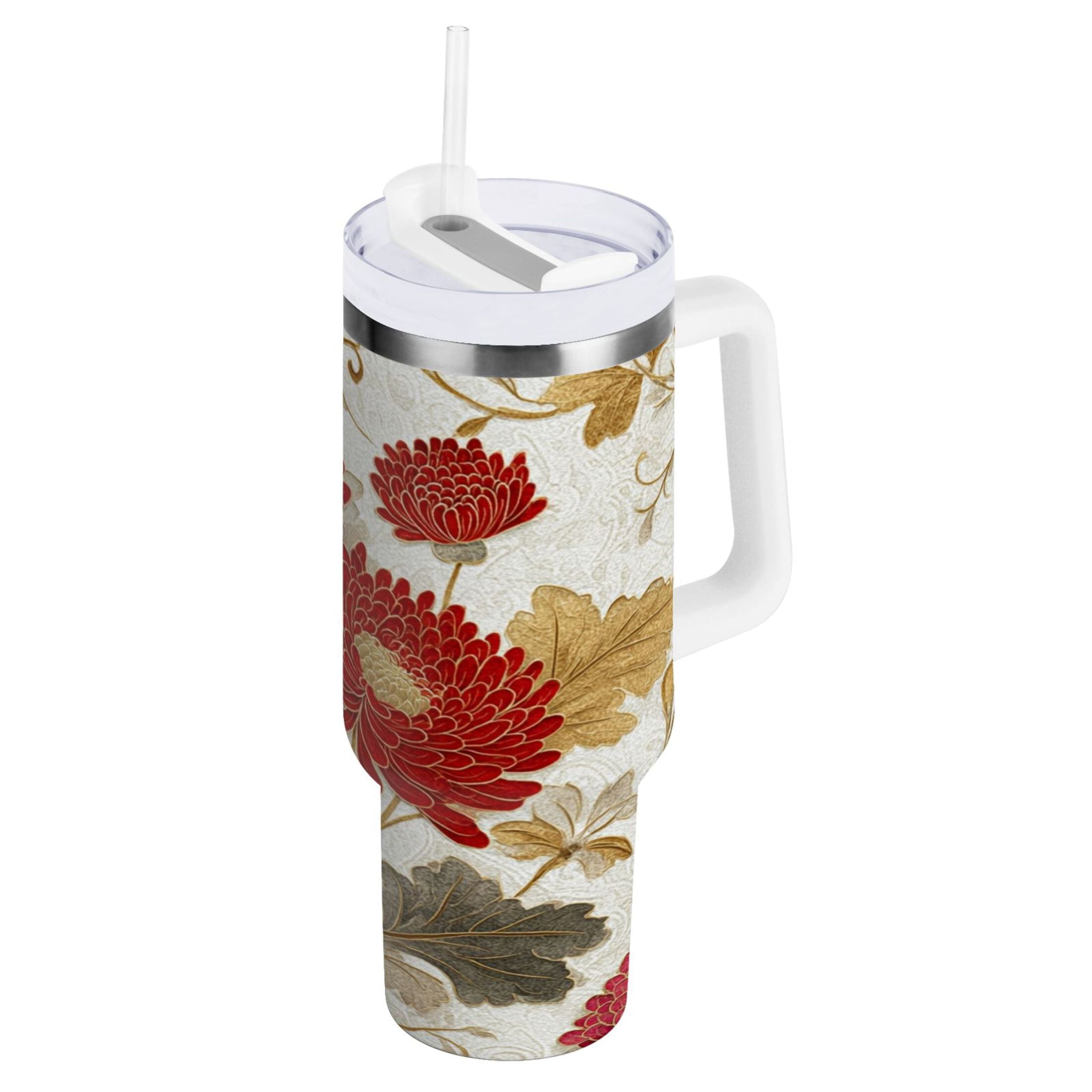 30 oz Insulated Stainless Steel Tumbler Double Wall Stainless Steel Tumbler with 2-Way Drinking Red Chrysanthemum Pattern - APW8