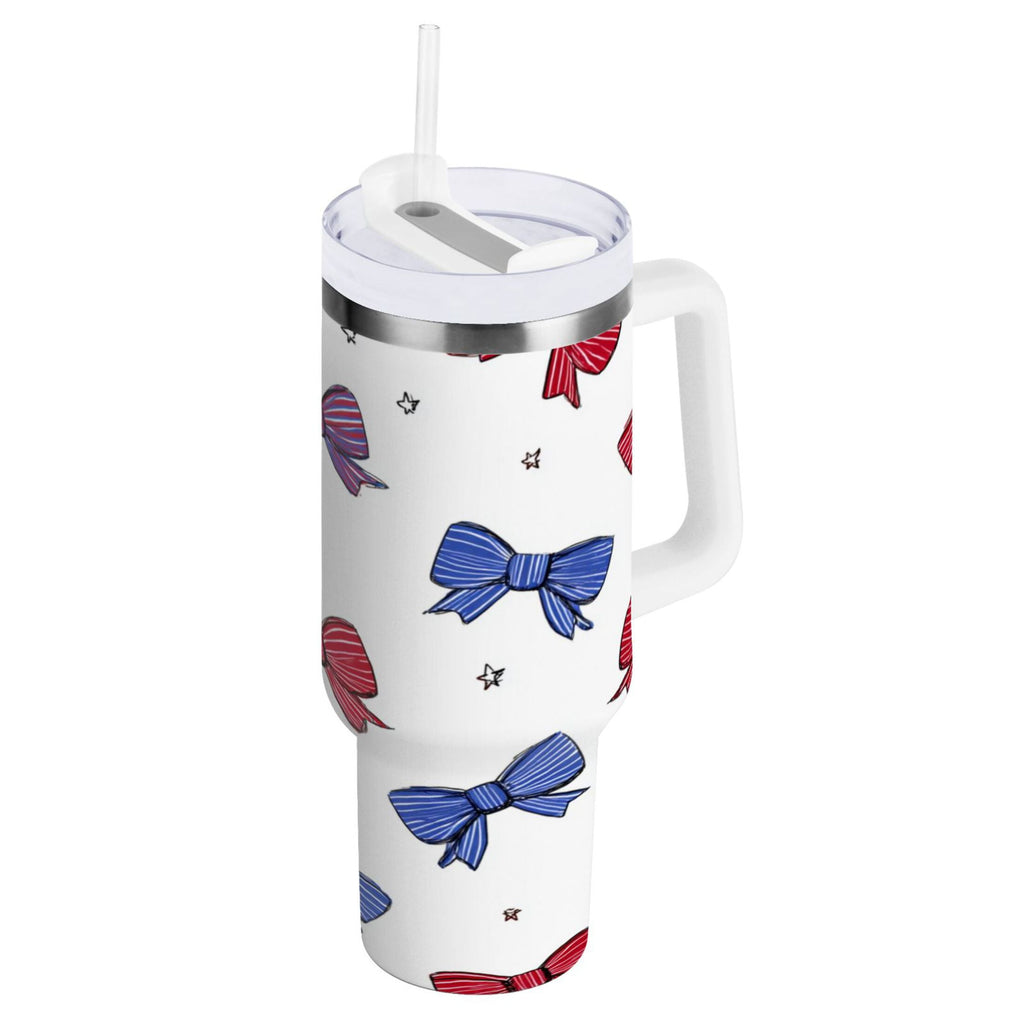 30 oz Insulated Stainless Steel Tumbler Double Wall Stainless Steel Tumbler with 2-Way Drinking Red and Blue Stripe Bows - 6ZSD