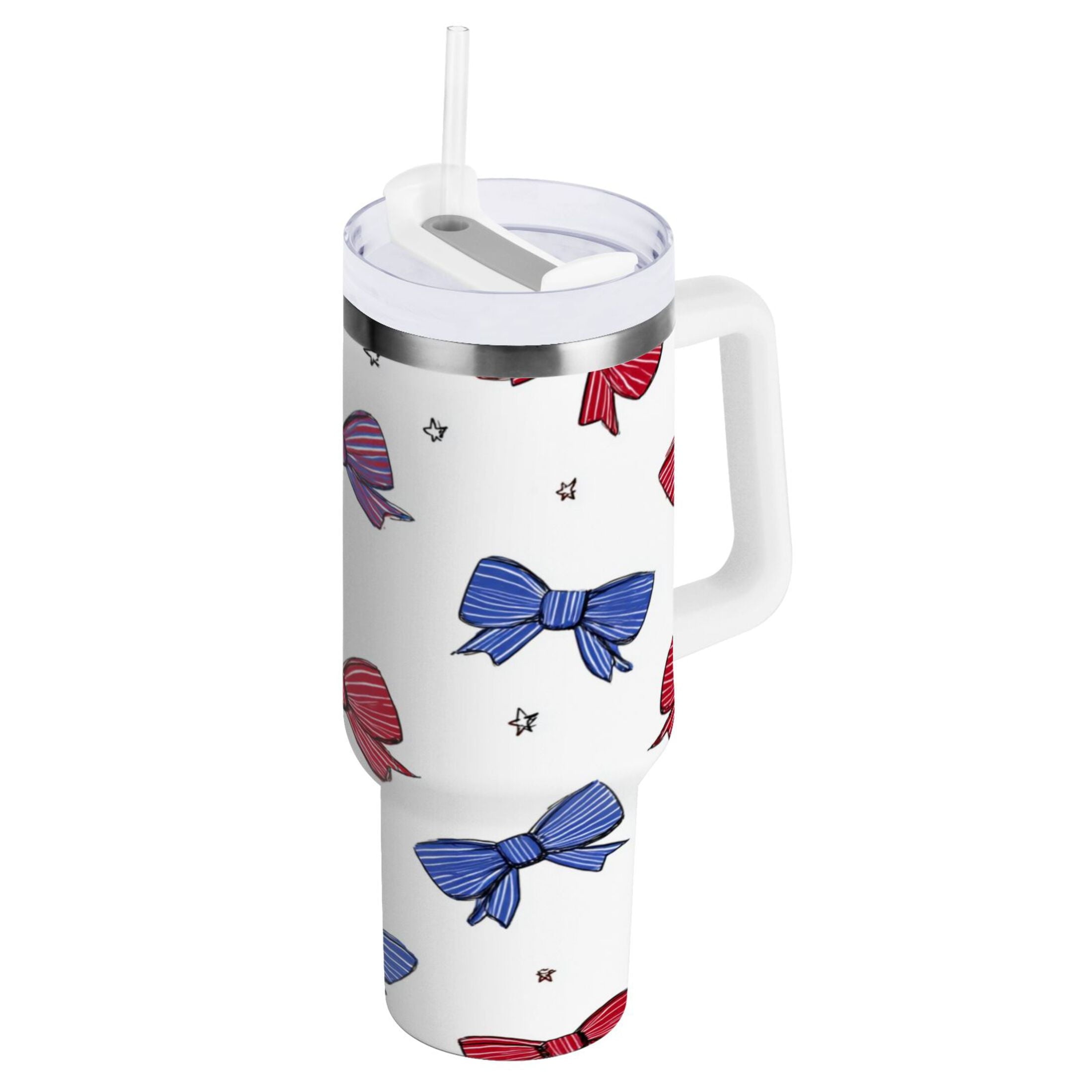 30 oz Insulated Stainless Steel Tumbler Double Wall Stainless Steel Tumbler with 2-Way Drinking Red and Blue Stripe Bows - 6ZSD