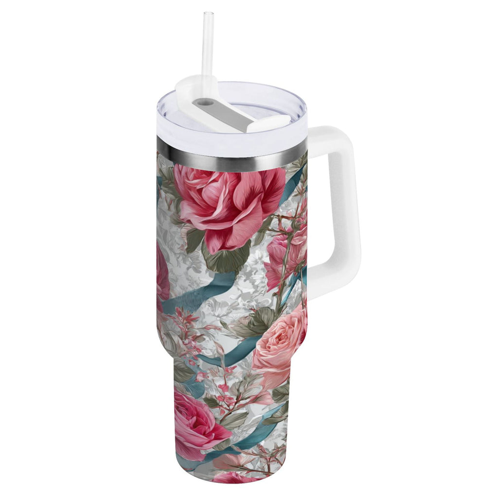 30 oz Insulated Stainless Steel Tumbler Double Wall Stainless Steel Tumbler with 2-Way Drinking Roses and Ribbons - R476