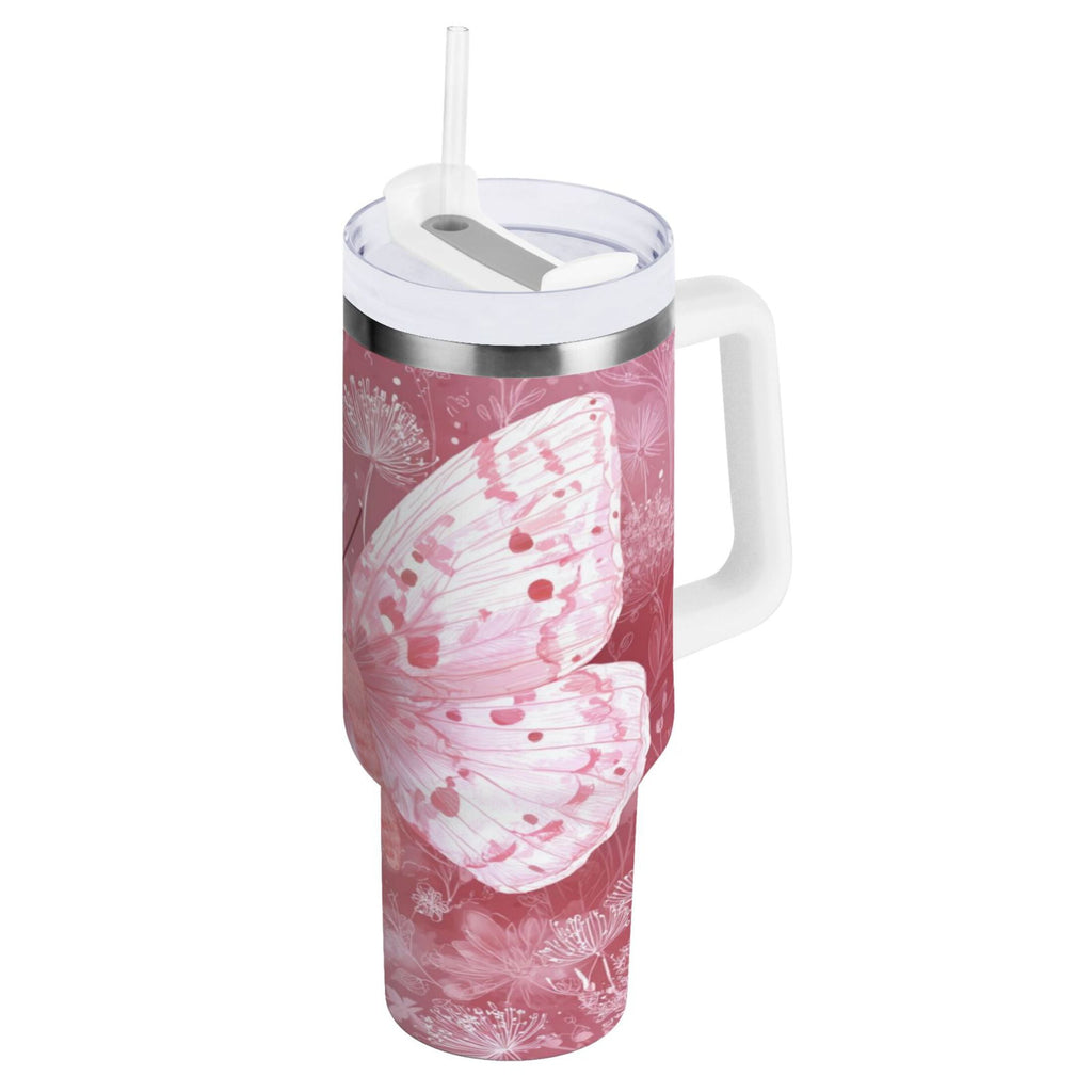30 oz Insulated Stainless Steel Tumbler Double Wall Stainless Steel Tumbler with 2-Way Drinking Soft Pink Butterfly - CERX
