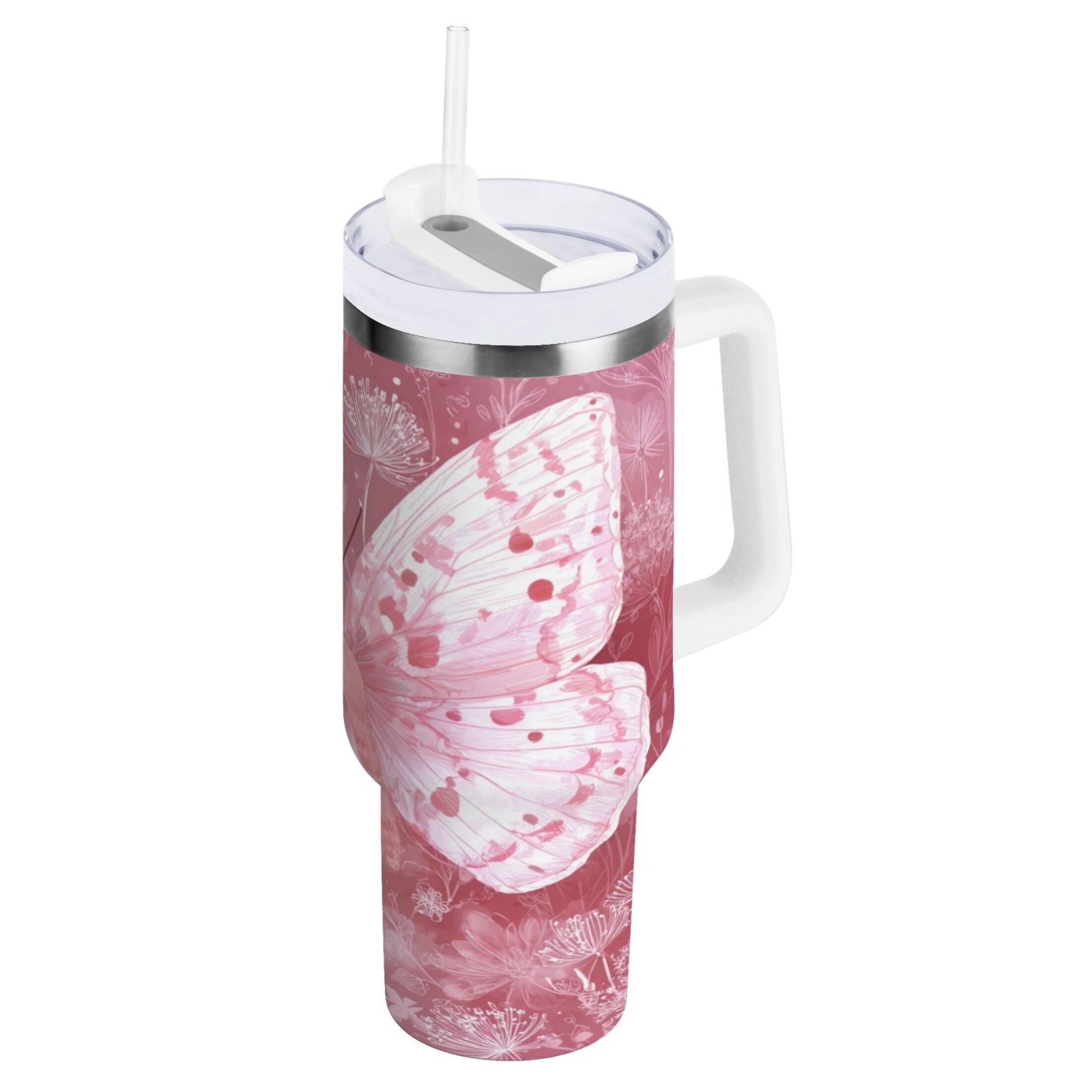 30 oz Insulated Stainless Steel Tumbler Double Wall Stainless Steel Tumbler with 2-Way Drinking Soft Pink Butterfly - CERX