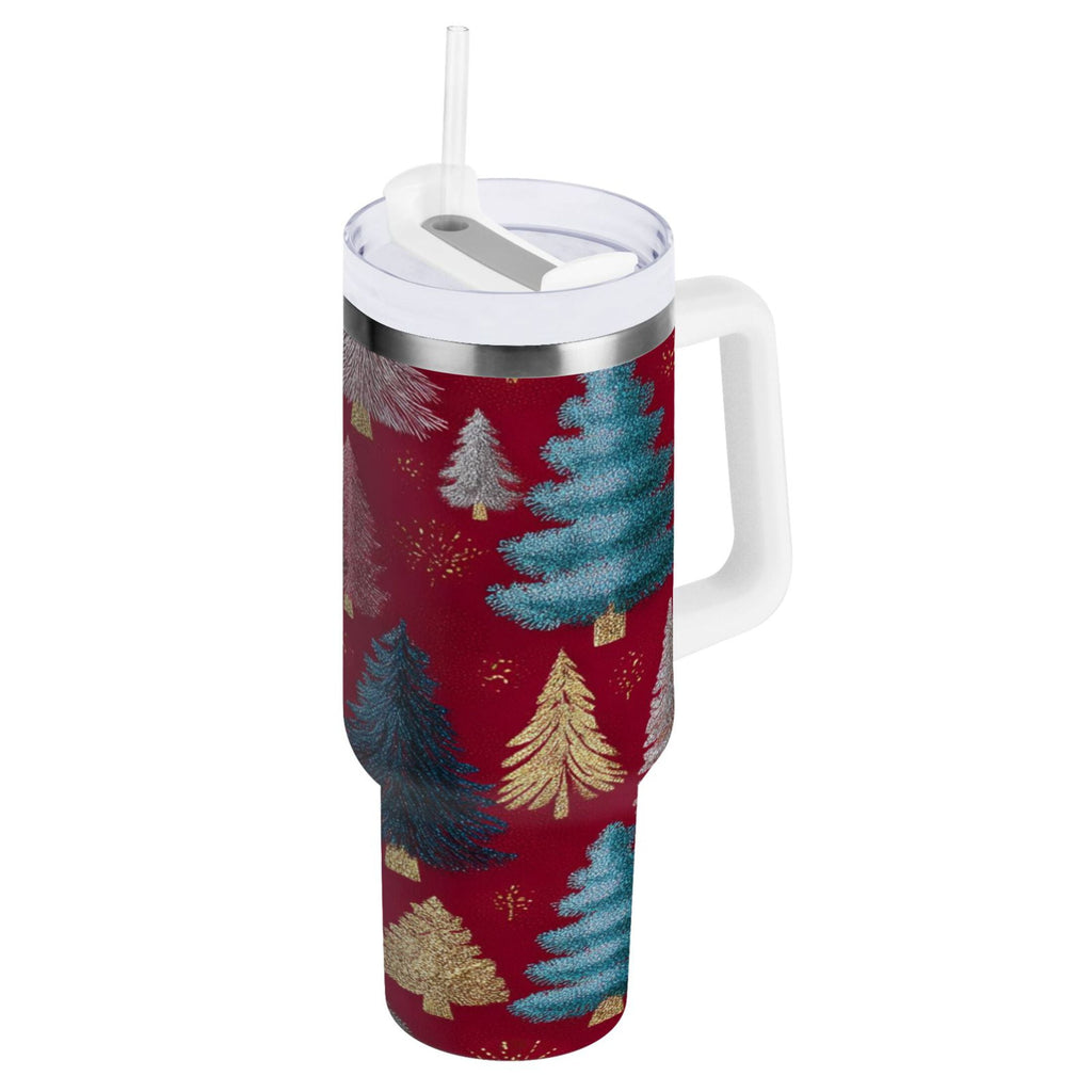 30 oz Insulated Stainless Steel Tumbler Double Wall Stainless Steel Tumbler with 2-Way Drinking Stylized Christmas Trees - XKAX