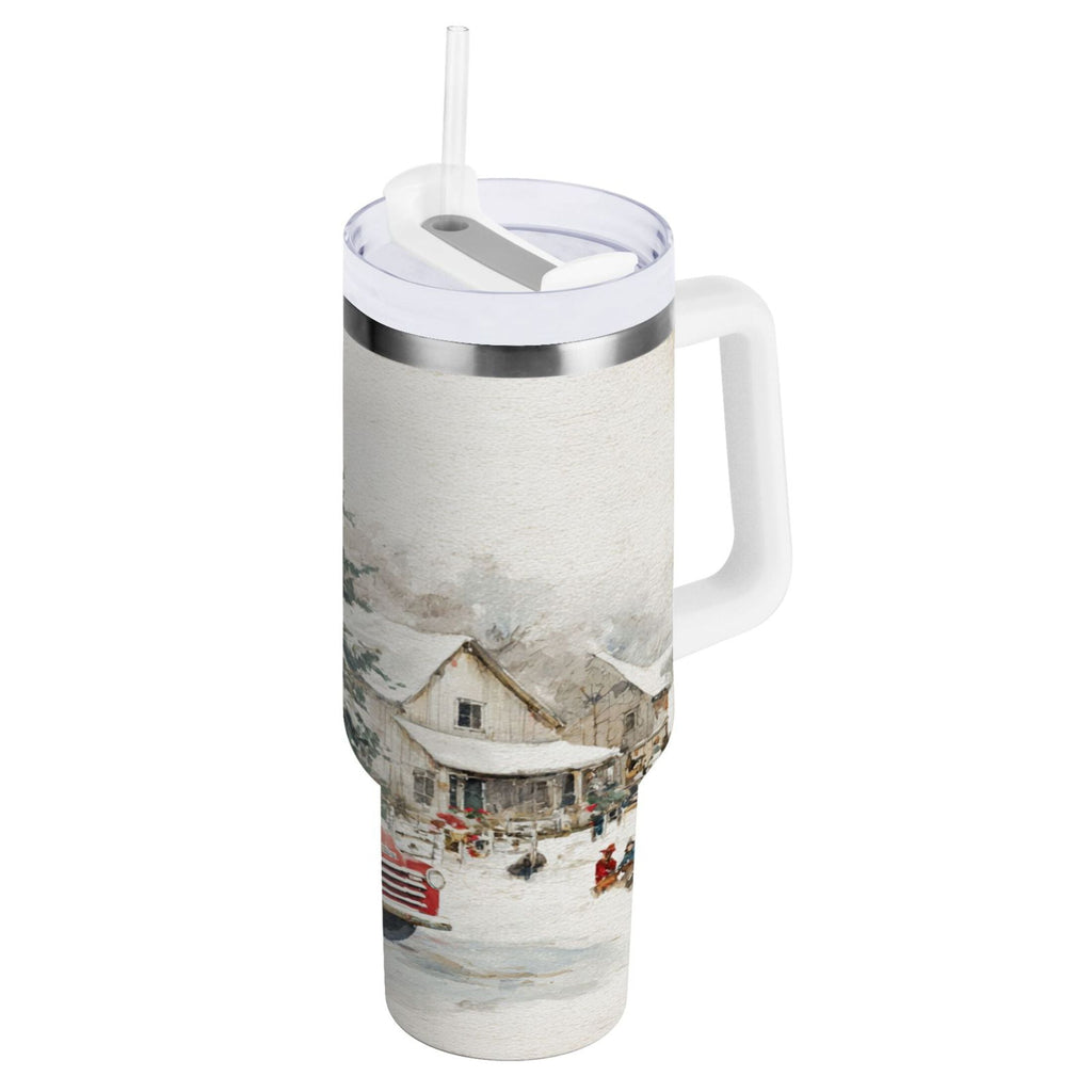 30 oz Insulated Stainless Steel Tumbler Double Wall Stainless Steel Tumbler with 2-Way Drinking Truck with Christmas Decorations - MPAG